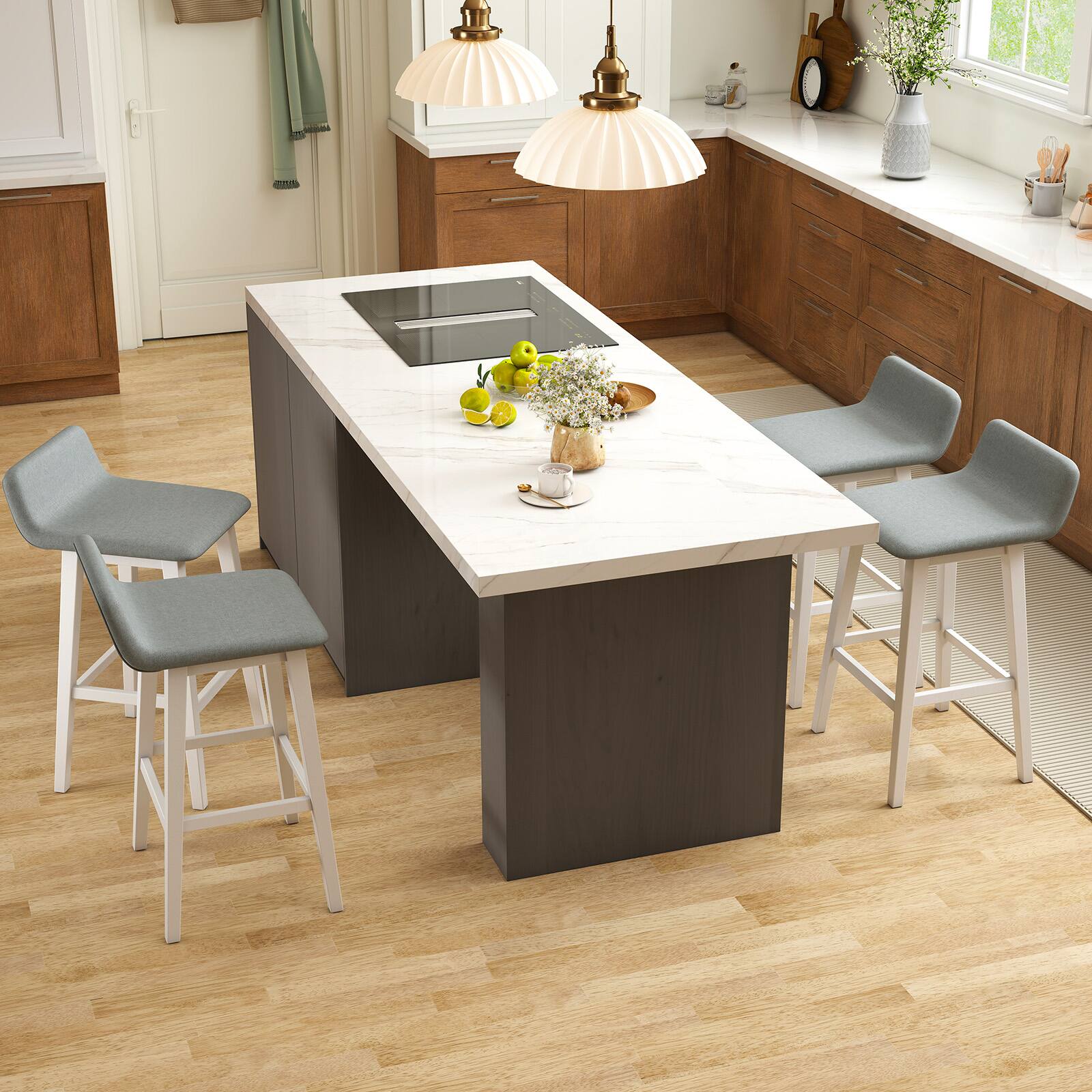 Alt View 1. Gymax - Gymax 2PCS 29'' Upholstered Barstools w/ Low Back Footrest & Wood Legs for Kitchen - White, Gray.