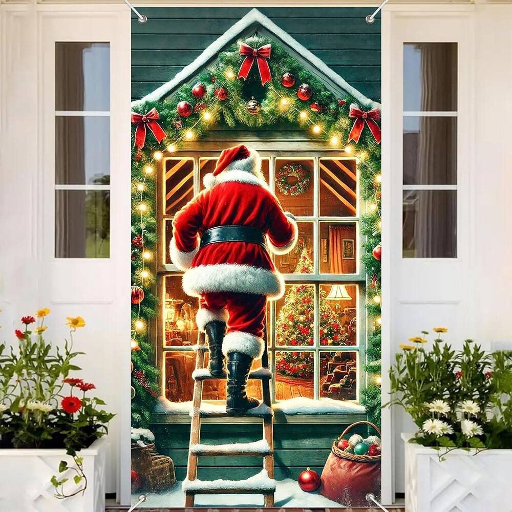Angle. MOSZAR LLC - Santa Climbing Ladder Door Banner, 35x71" Polyester Holiday Door Decor - red.