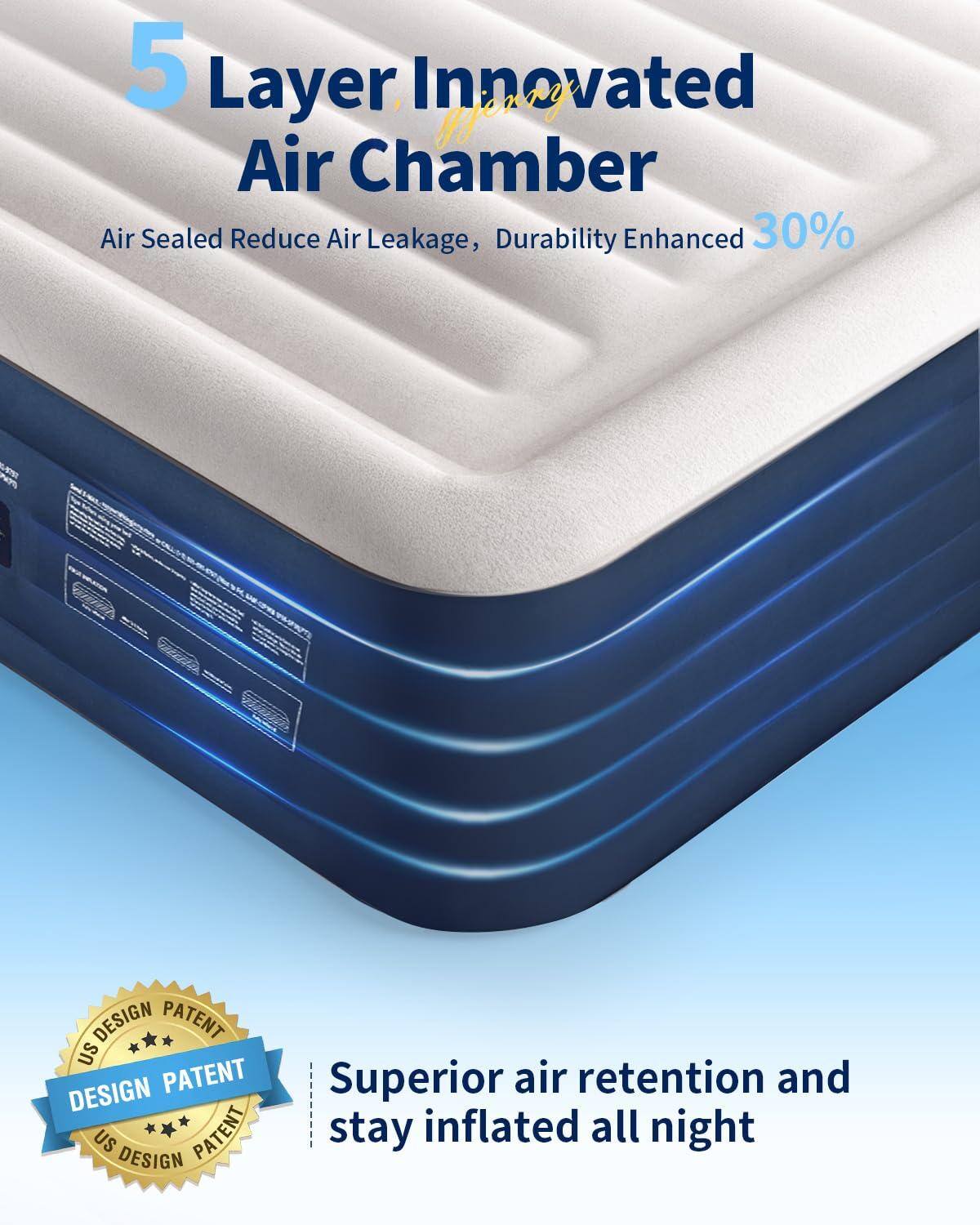 5 Layer Innovated Air Chamber  
Air Sealed Reduce Air Leakage, Durability Enhanced 30%  

Superior air retention and stay inflated all night  

US DESIGN PATENT  
US DESIGN PATENT