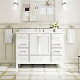 WELLFOR - 48 in Bathroom Vanity with Sink, Freestanding Solid Wood Bathroom Cabinet with 2 Doors& 9 Drawers,Brushed Nickel Handle - White