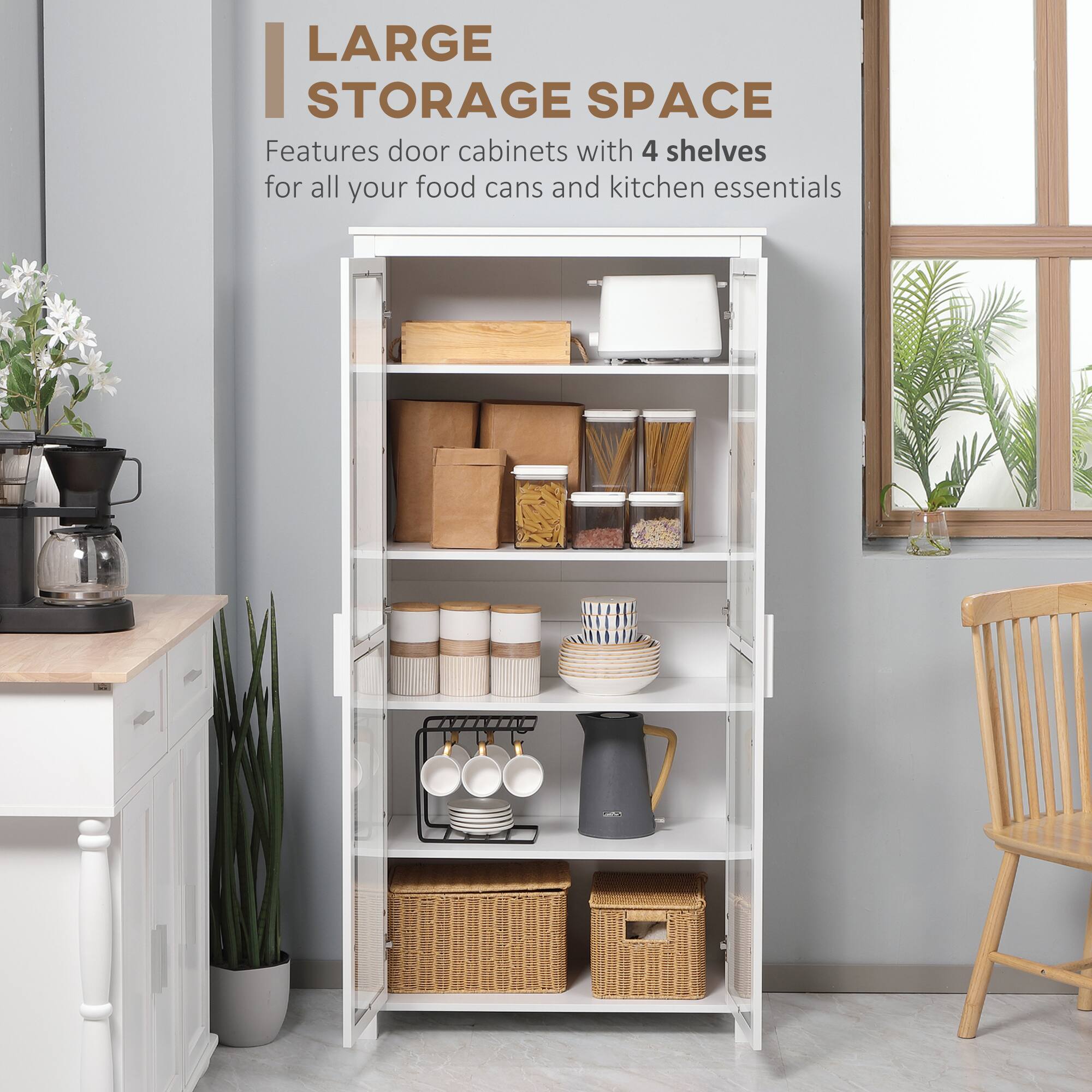 LARGE STORAGE SPACE  
Features door cabinets with 4 shelves for all your food cans and kitchen essentials