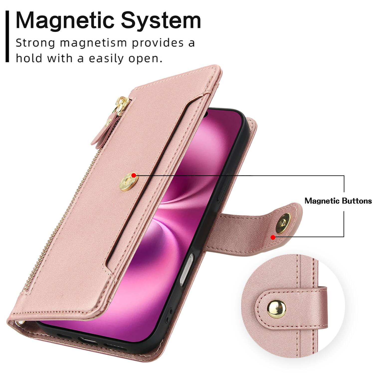 Magnetic System  
Strong magnetism provides a hold with a easily open.  
Magnetic Buttons
