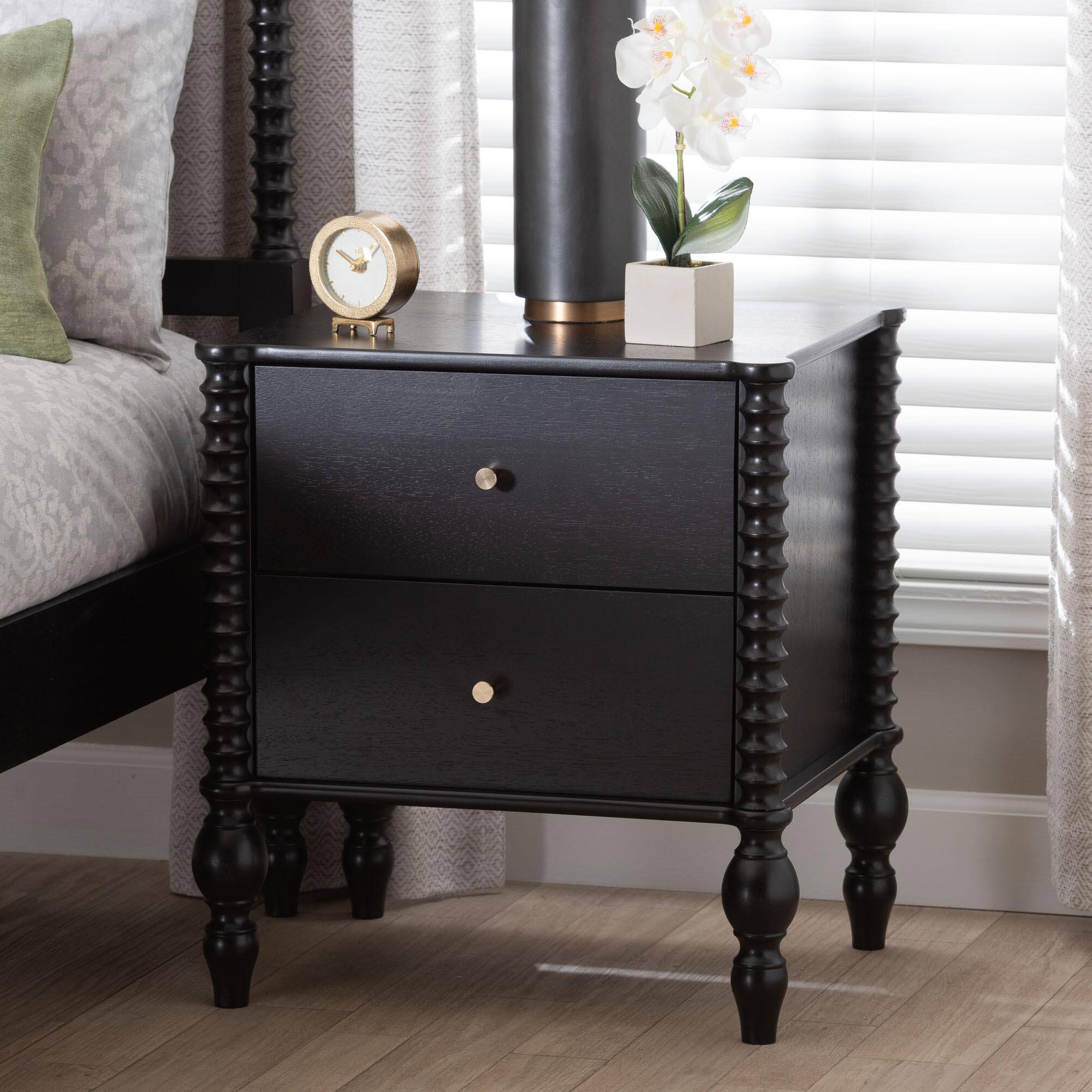 Alt View 5. Baxton Studio - Callison Spindle Nightstand - 2-Drawer Farmhouse Bedside Table with Turned Accents for Bedroom, - Black.