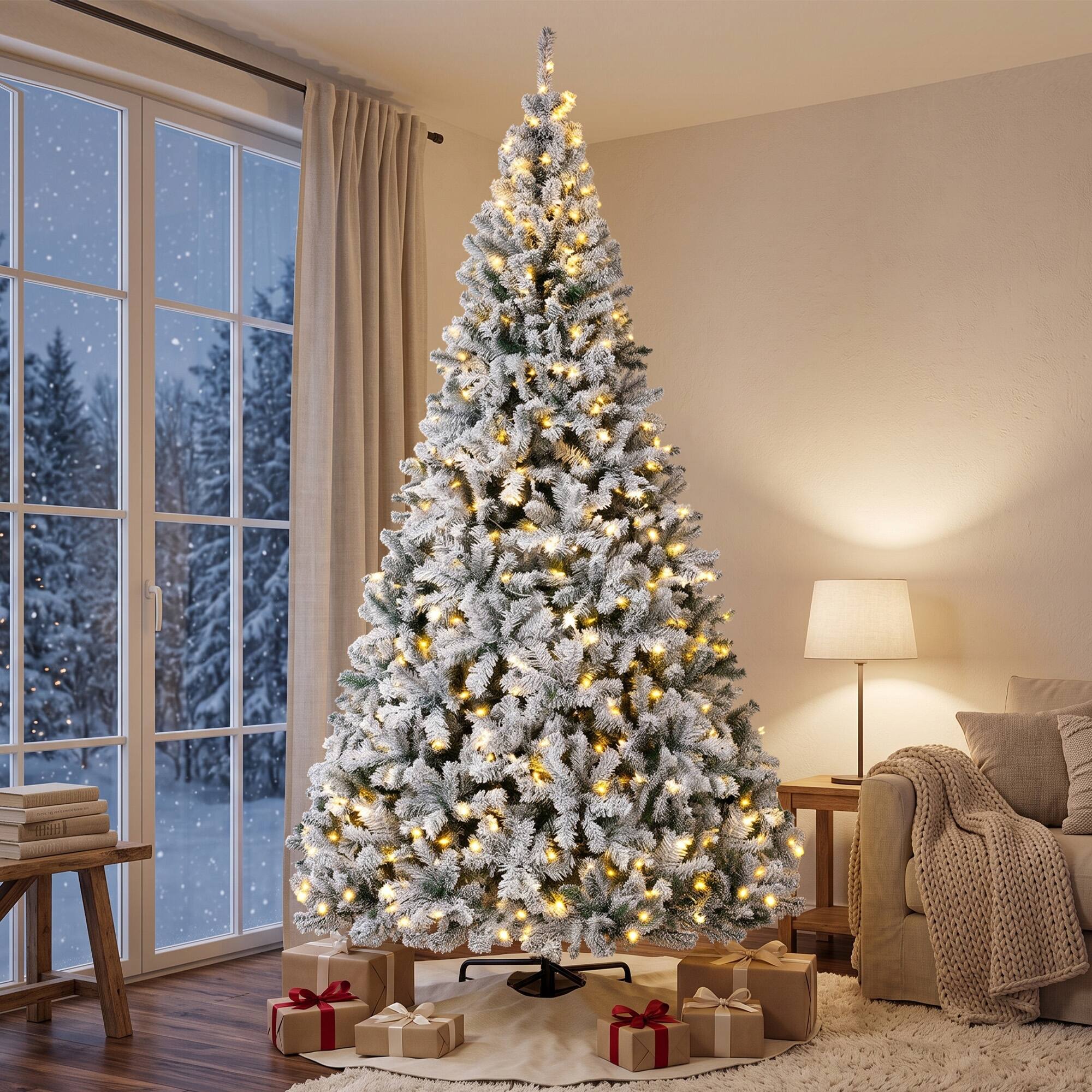 Alt View 1. Homcom - Flocked Prelit Christmas Tree, Fraser Fir, Hinged Xmas Tree with LEDs, Foldable Metal Base - Green, White.