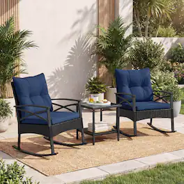 Costway - 3-Piece Rattan Rocking Bistro Set with Tempered Glass Tabletop & Cushions for Porch - Black + Navy