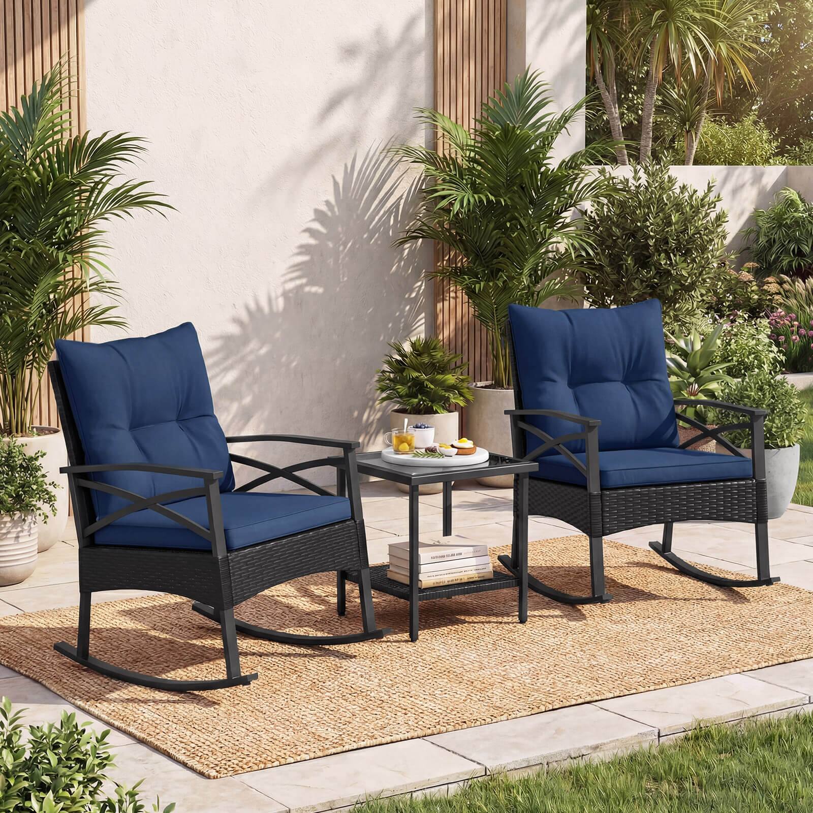 Alt View 4. Costway - Costway 3-Piece Rattan Rocking Bistro Set with Tempered Glass Tabletop & Cushions for Porch - Black + Navy.