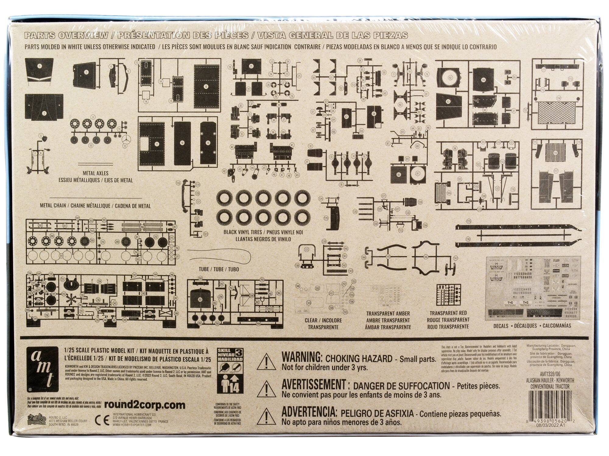 **Parts Overview / Présentation des pièces / Vista general de las piezas**

- Parts molded in white unless otherwise indicated / Les pièces sont moulées en blanc sauf indication contraire / Piezas modeladas en blanco a menos que se indique lo contrario
- Metal axles / Essieu métalliques / Ejes de metal
- Metal chain / Chaîne métallique / Cadena de metal
- Black vinyl tires / Pneus vinyle noirs / Neumáticos de vinilo negros
- Tube / Túbe / Tubo uno
- Transparent amber / Ambre transparent / Amarillo transparente
- Transparent red / Rouge transparent / Rojo transparente
- Decals / Décals / Calcomanías

**1/25 Scale Plastic Model Kit / Kit maquette en plastique / Kit de modelismo de plástico**

- Skill level: 1/25 / Niveau de l'échelle: 1/25 / Habilidad: 1/25
- Round2 Corporation
- round2corp.com

**Warning: Choking Hazard - Small parts / Avertissement: Danger de suffocation - Petites pièces