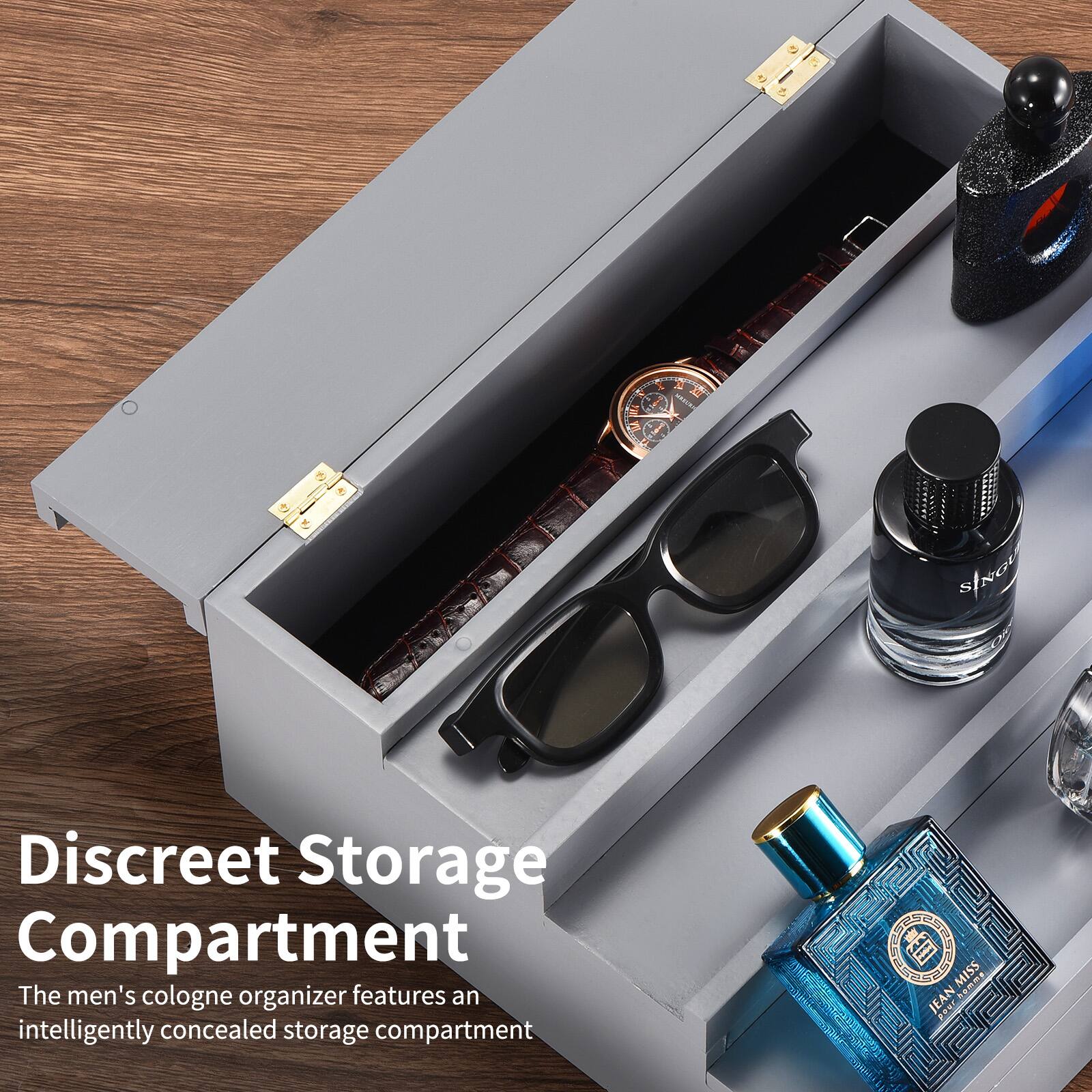 Discreet Storage Compartment

The men's cologne organizer features an intelligently concealed storage compartment.