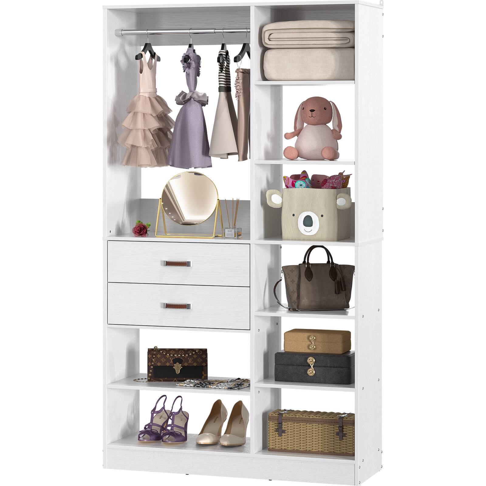 Angle. Aheaplus - Freestanding Closet System, 40'' Heavy Duty Closet Organizer with 2 Drawers, Hanging Rod & 10 Shelves - White.