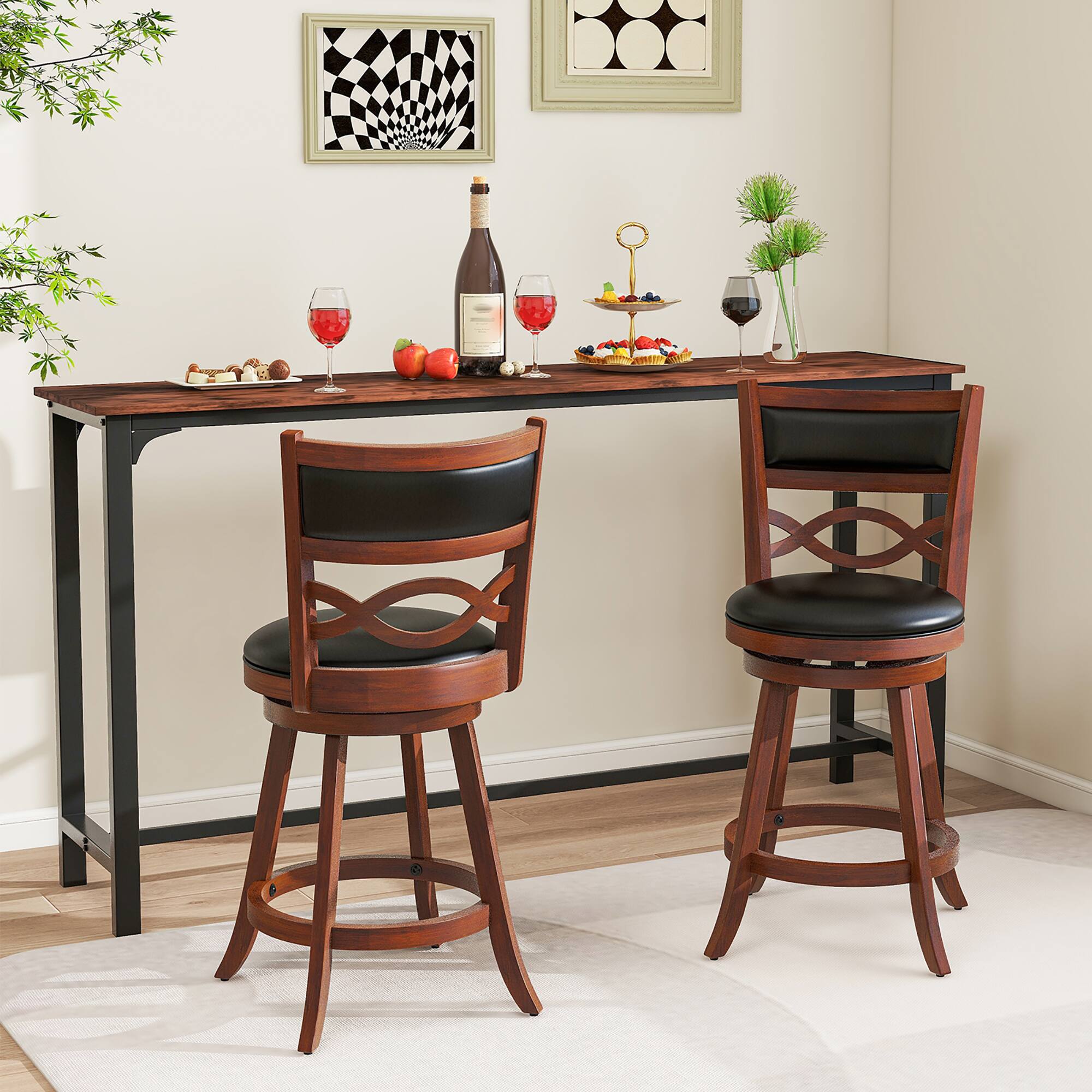Alt View 1. Gymax - Gymax 24 Inch Bar Stools Set of 2 w/ Rubber Wood Frame Faux Leather Upholstered Seat - Brown, Black.
