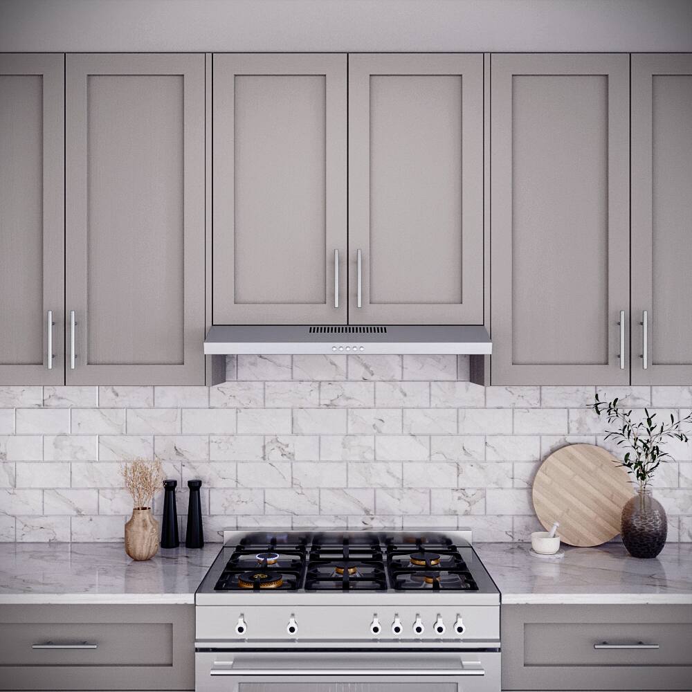 Left. Streamline - 36 in. Donini Ductless Undermount 80 CFM Range Hood, Mesh Filters, Push Button Control, LED Light - Brushed Stainless Steel.