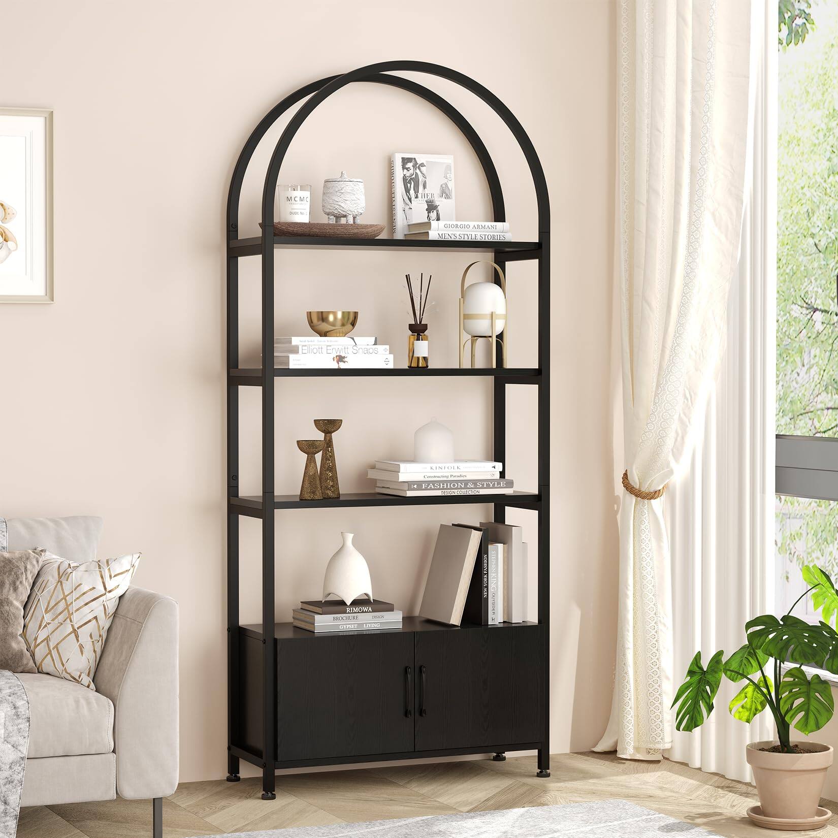 Babevy - 71.5" Tall Bookshelf with Door, 4-Tier Modern Bookcase with Storage Cabinet Shelf for Bedroom - Black