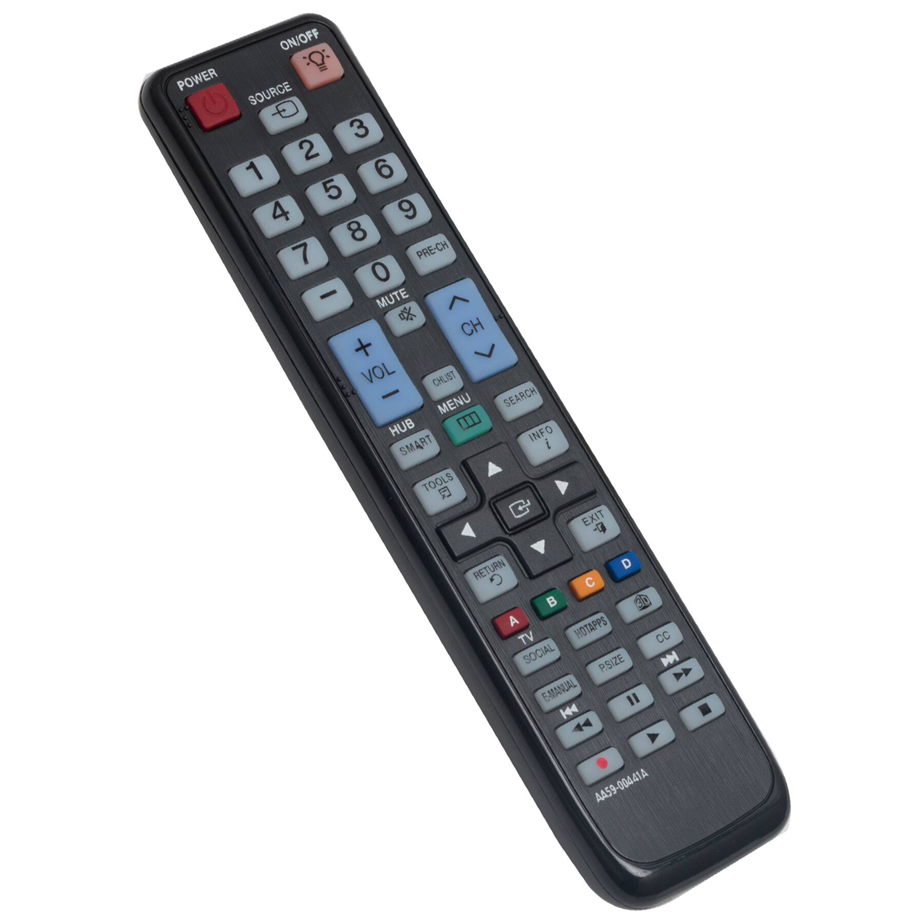 ON/OFF :O: POWER SOURCE 1 2 3 4 5 6 7 8 9 0 PRE-CH MUTE CH + VOL CHLIST SEARCH MENU HUB SMART TOOLS EXIT RETURN D C A B TV SOCIAL PSIZE CC E-MANUAL HOTAPPS INFO 20 A 440441A AA59