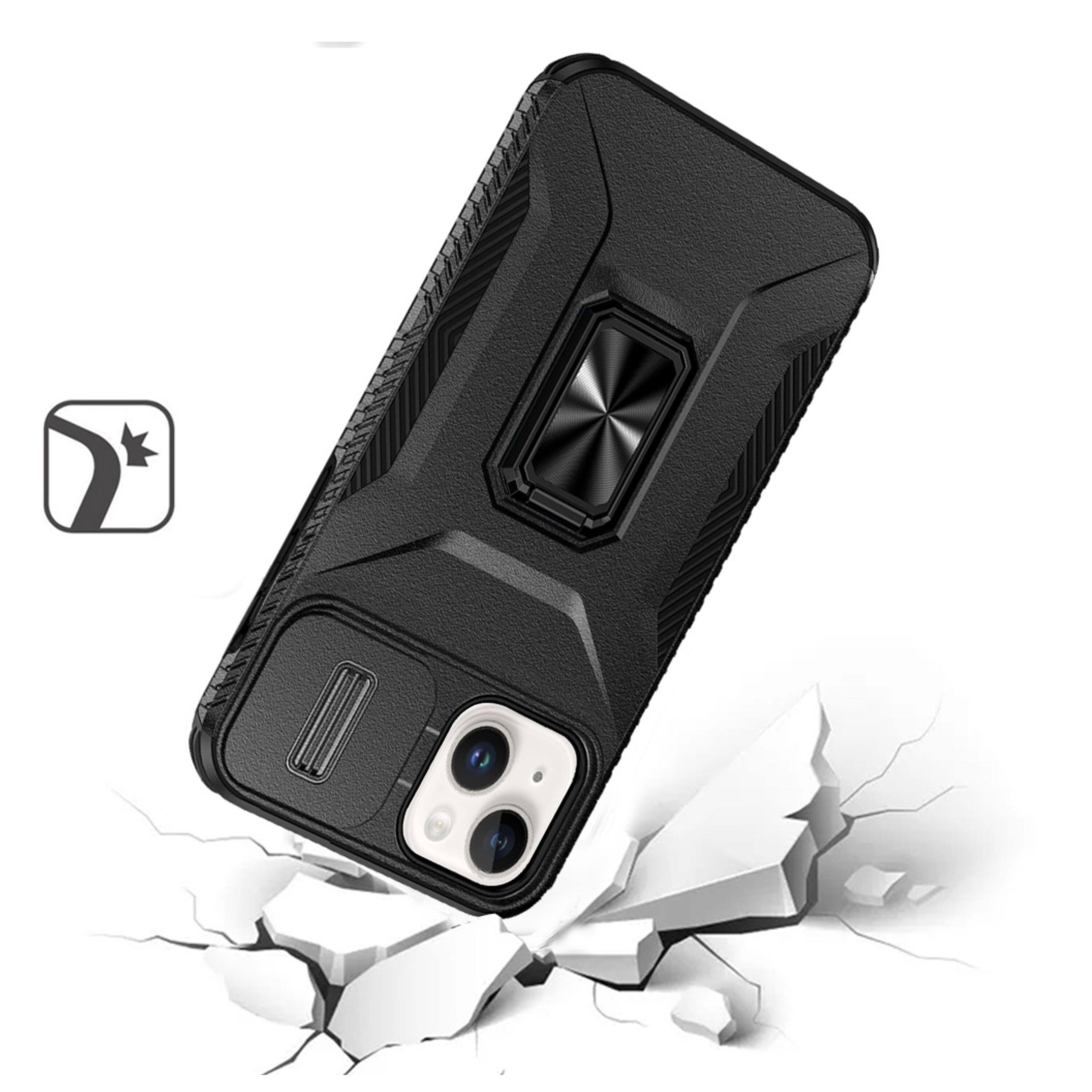 Left. Kitcheniva - Full Coverage Metal Stand Lens Cover Phone Case With 2 Pcs Tempered Glass For iPhone 15 Black - Black.