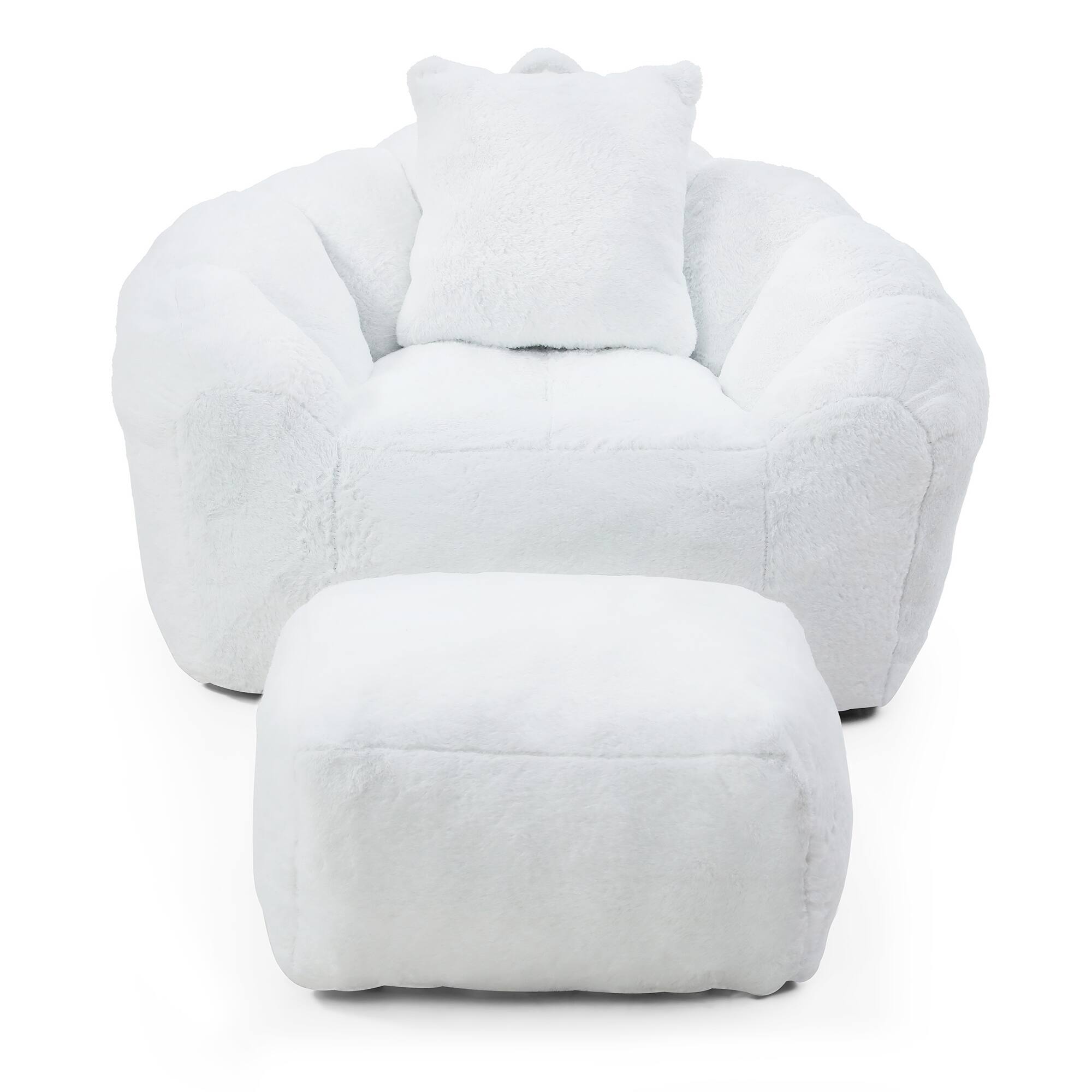 Left. GOODSILO - Oversized Shell-Shaped Faux Fur Bean Bag Chair with Matching Footstool for Living Room and Bedroom Lounging - White.