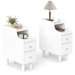 Gymax - 2PCS Narrow Nightstand Solid Wood End Table w/Pull-out Tray & 2 Storage Drawers Antique - White