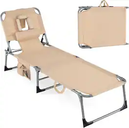 Gymax - Tanning Chair w/4-Position Adjustable Backrest Face Arm Holes & Storage Pocket - Beige