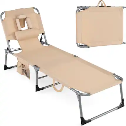 Front. Gymax - Gymax Tanning Chair w/4-Position Adjustable Backrest Face Arm Holes & Storage Pocket - Beige.