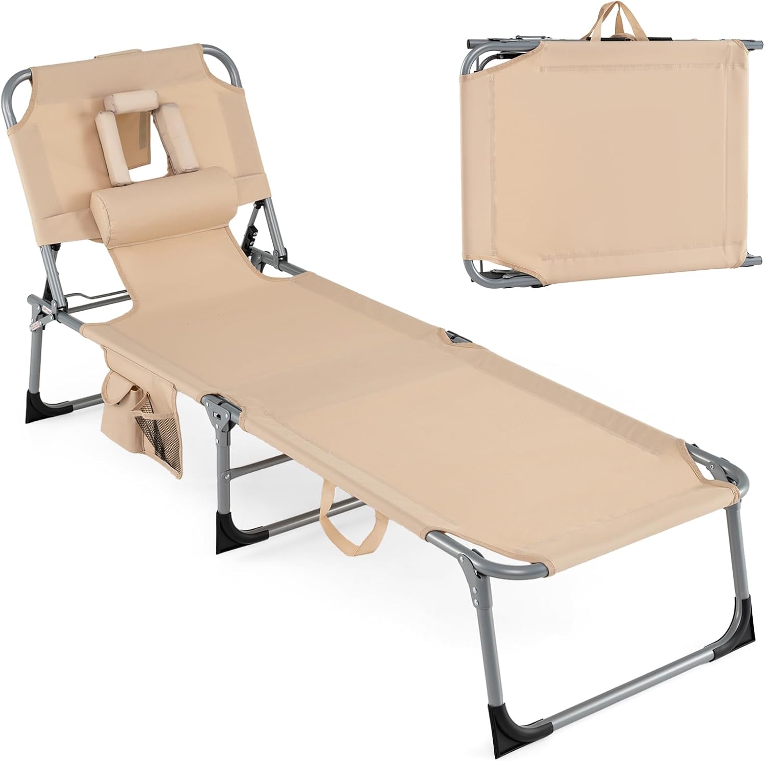 Front. Gymax - Gymax Tanning Chair w/4-Position Adjustable Backrest Face Arm Holes & Storage Pocket - Beige.