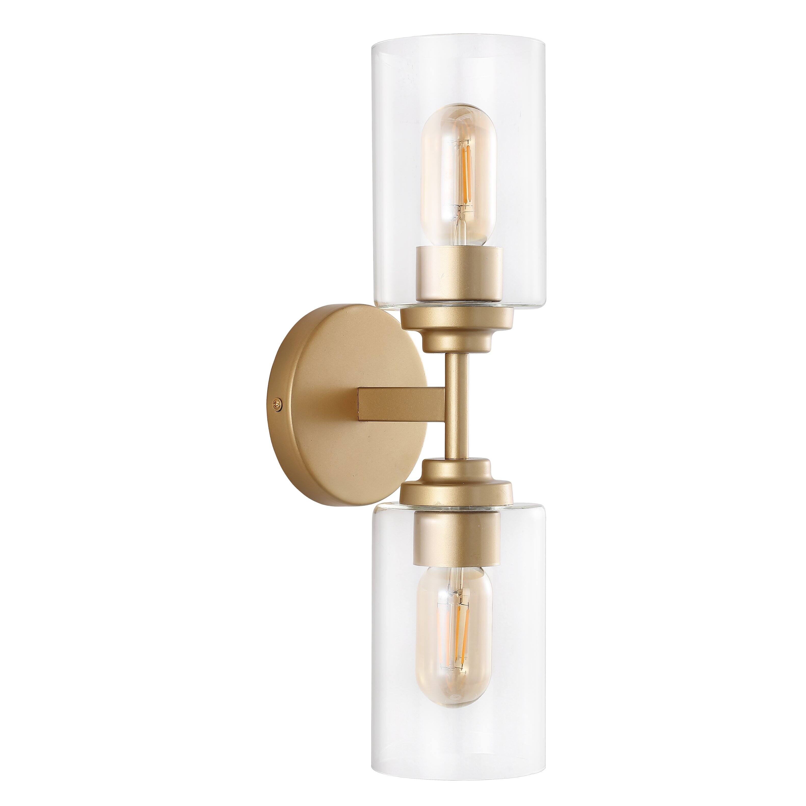 Alt View 9. Jonathan Y - Giles 16" 2-Light Farmhouse Industrial Iron Cylinder LED Sconce, Brass Gold/Clear - Brass Gold.