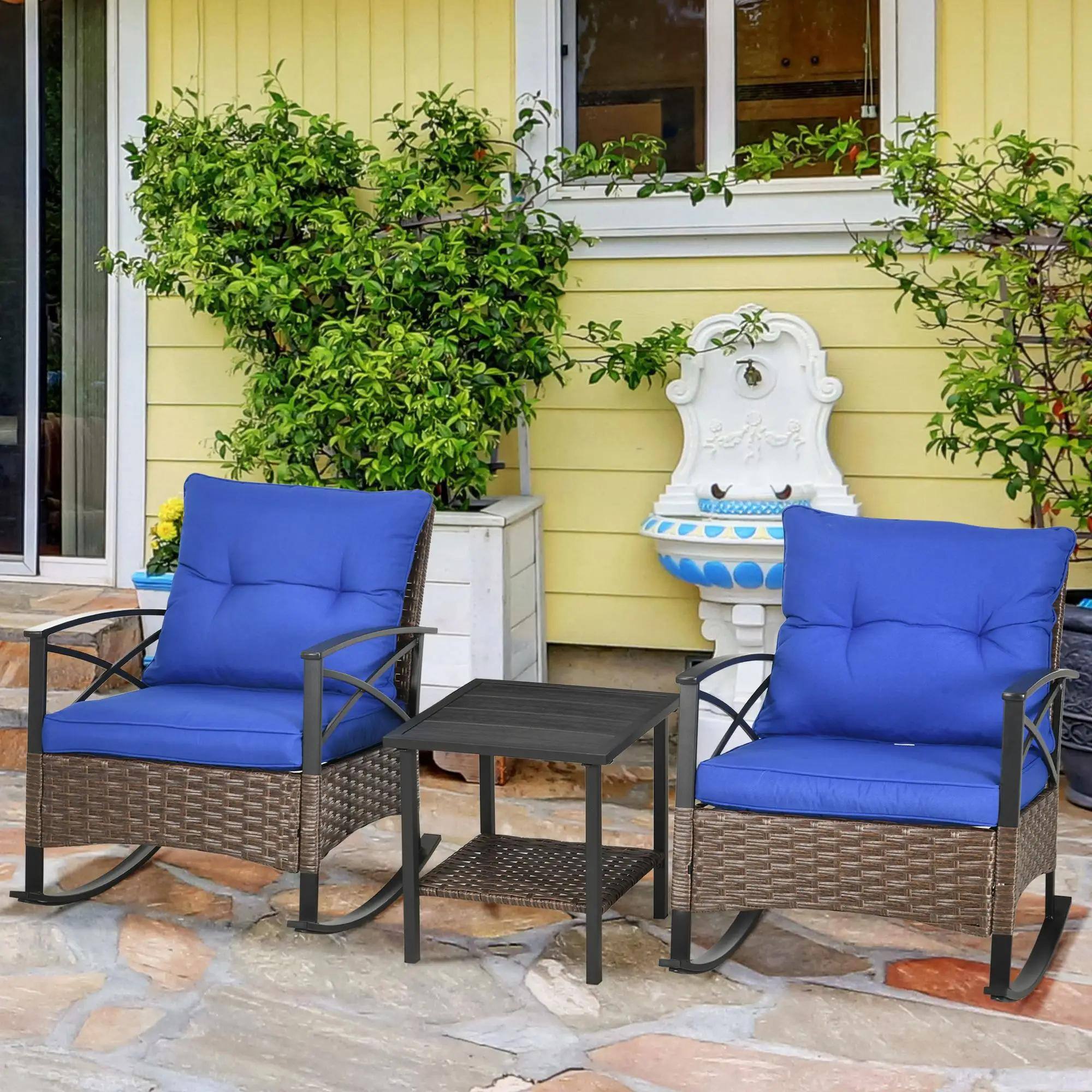Left. Resenkos - Resenkos 3-Piece Patio Set, Outdoor Wicker Bistro with Oversize Rockers, Garden Porch Backyard Comfort,Blue - Blue.