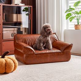 MSOOB - Leather Dog Bed Couch for Medium Dogs Under 50 lbs, Luxurious Elevated Pet Sofa Indoor - Brown