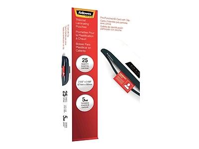 Fellowes Thermal Laminating Pouches  
Pre-Punched ID Card with 25  
Carte d'identité pré-perforée  
Pochettes Pour la Plastification à Chaud  
Boîtes Para Plastificar en Caliente  

25 Quantité  
2.83" x 3.83" (67mm x 96mm)  
5m (5 meters)  

25 Quantité  
5m (5 meters)