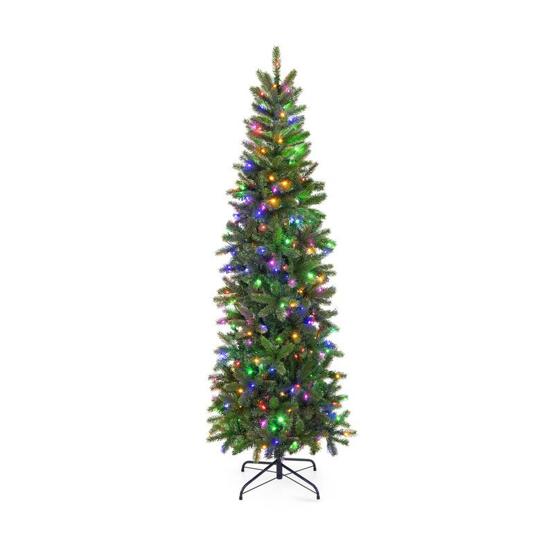 Alt View 4. WELLFOR - 6 ft Pre‑Lit Pencil Artificial Christmas Tree with 648 PE & PVC Mixed Tips, 270 Dual‑Color LED Lights& Foot Pedal - Green.