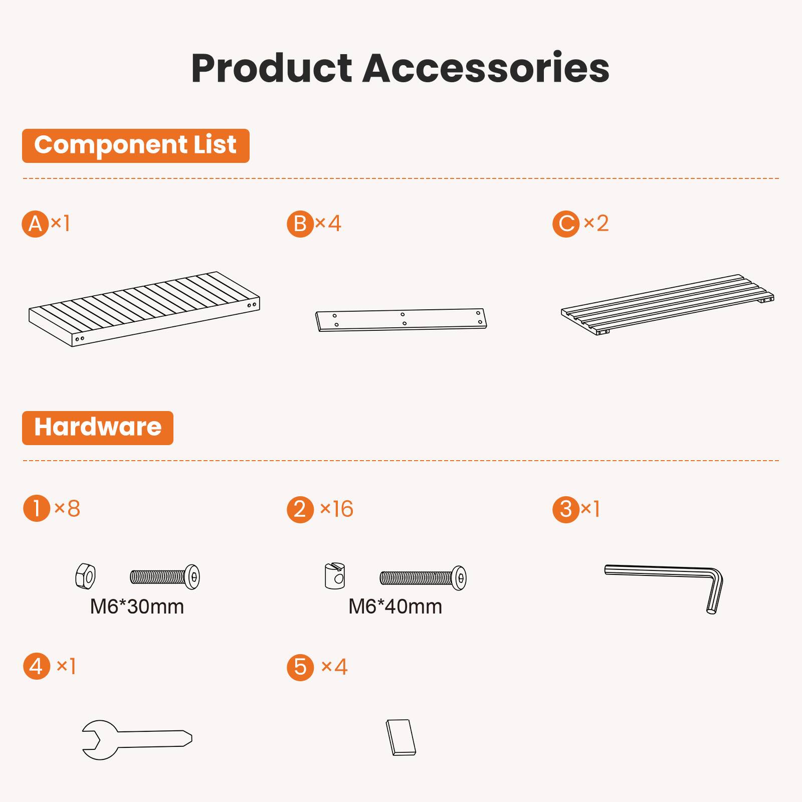 Product Accessories

Component List
- A x1
- B x4
- C x2

Hardware
- 1 x8 M6*30mm
- 2 x16 M6*40mm
- 3 x1
- 4 x1
- 5 x4