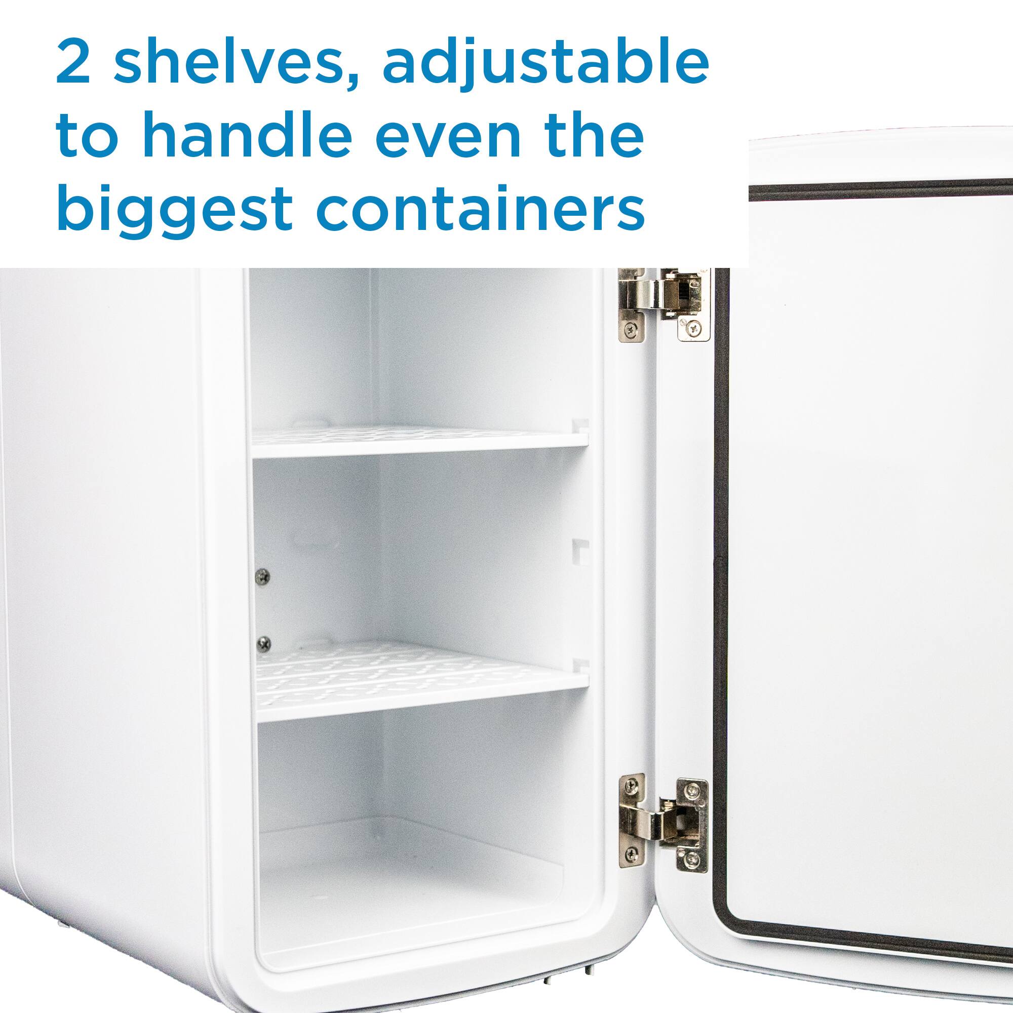 "2 shelves, adjustable to handle even the biggest containers."
