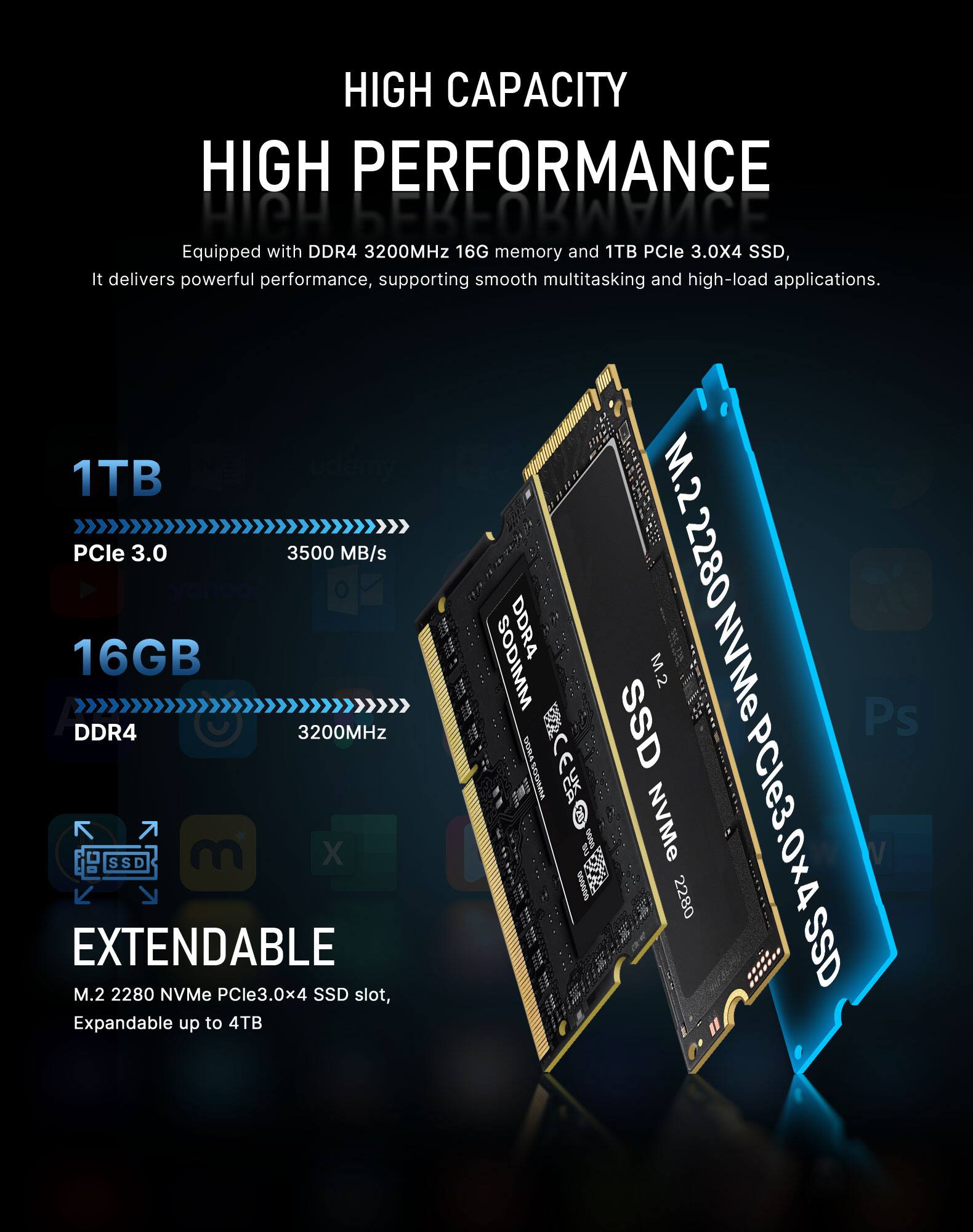 HIGH CAPACITY  
HIGH PERFORMANCE  

Equipped with DDR4 3200MHz 16G memory and 1TB PCIe 3.0X4 SSD, it delivers powerful performance, supporting smooth multitasking and high-load applications.  

1TB  
PCIe 3.0  
3500 MB/s  

16GB  
DDR4  
3200MHz  

EXTENDABLE  
M.2 2280 NVMe PCIe3.0x4 SSD slot, Expandable up to 4TB