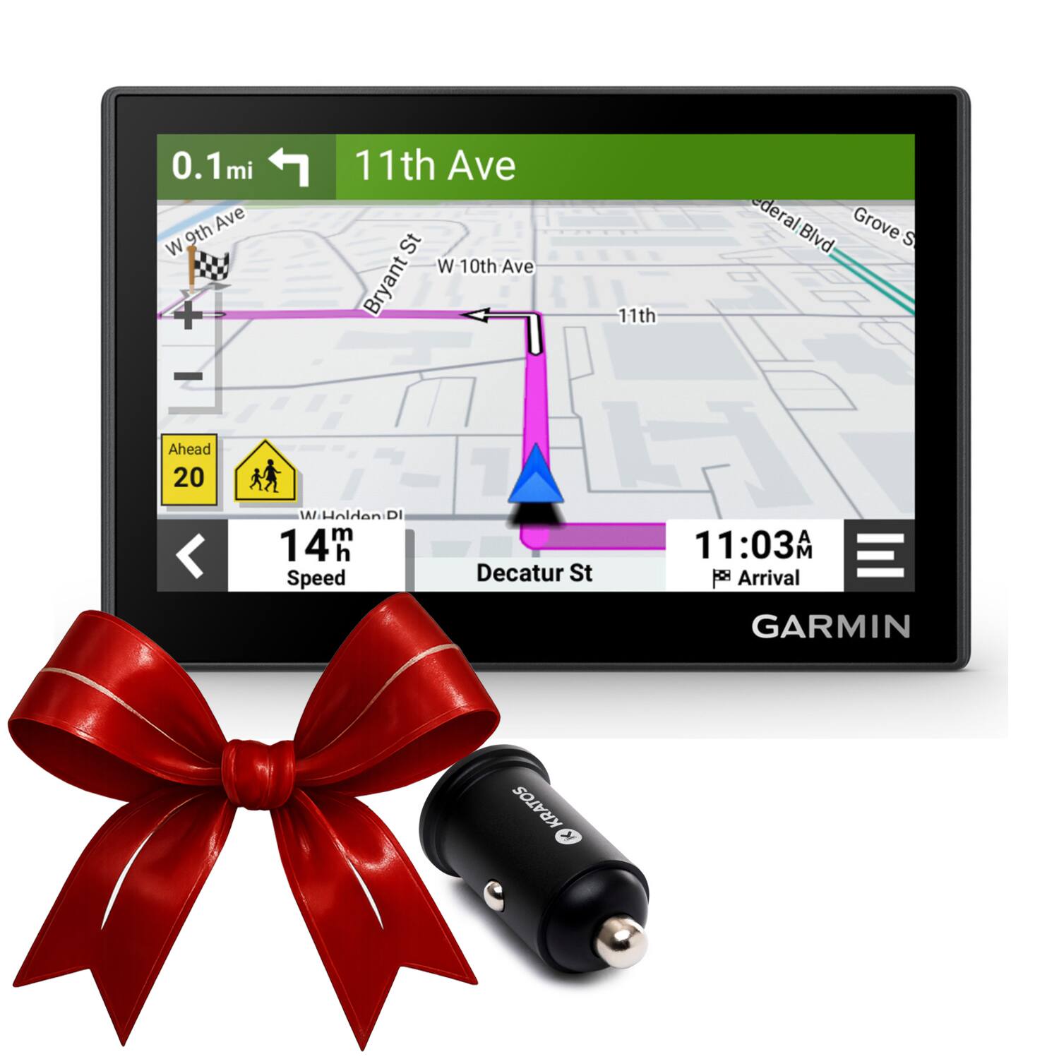 0.1mi 11th Ave  
9th Ave  
W 9th  
11th Ave  
Bryant  
Federal Blvd  
Ahead 20  
W. Holden Dr  
14m  
Speed  
Decatur St  
11:03 A  
Arrival  
GARMIN  
KRATOS