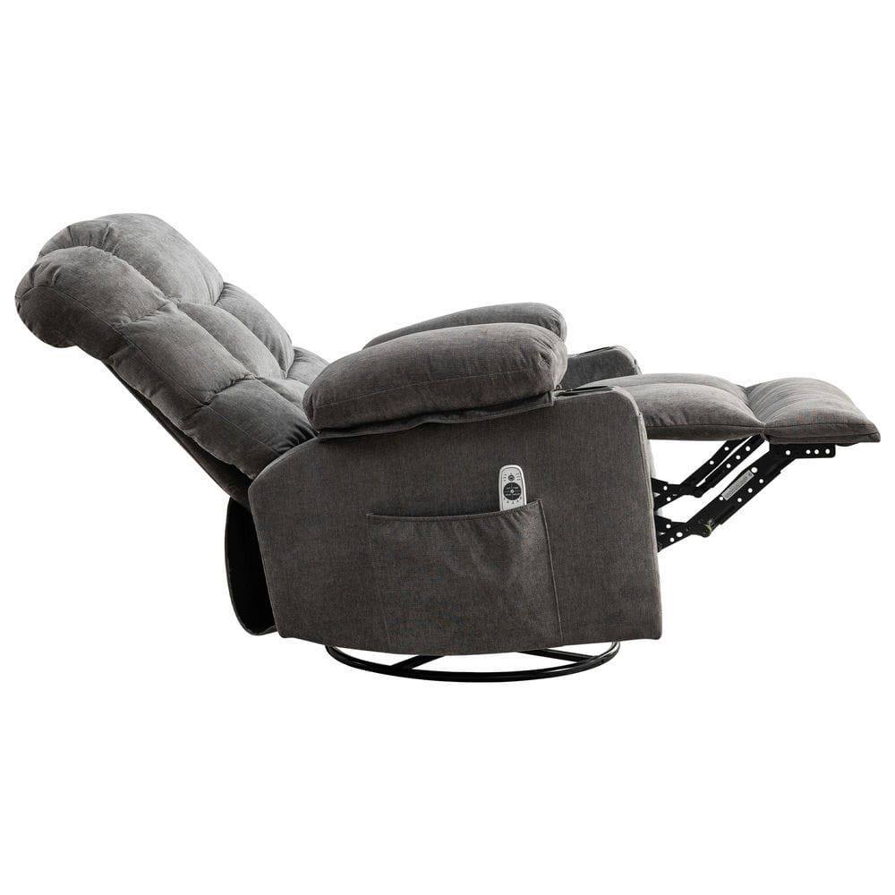 Angle. Kadyn - Oversized Massage Swivel Recliner with Lumbar Heating, Cup Holders & USB Port, Living Room Chair - Gray.