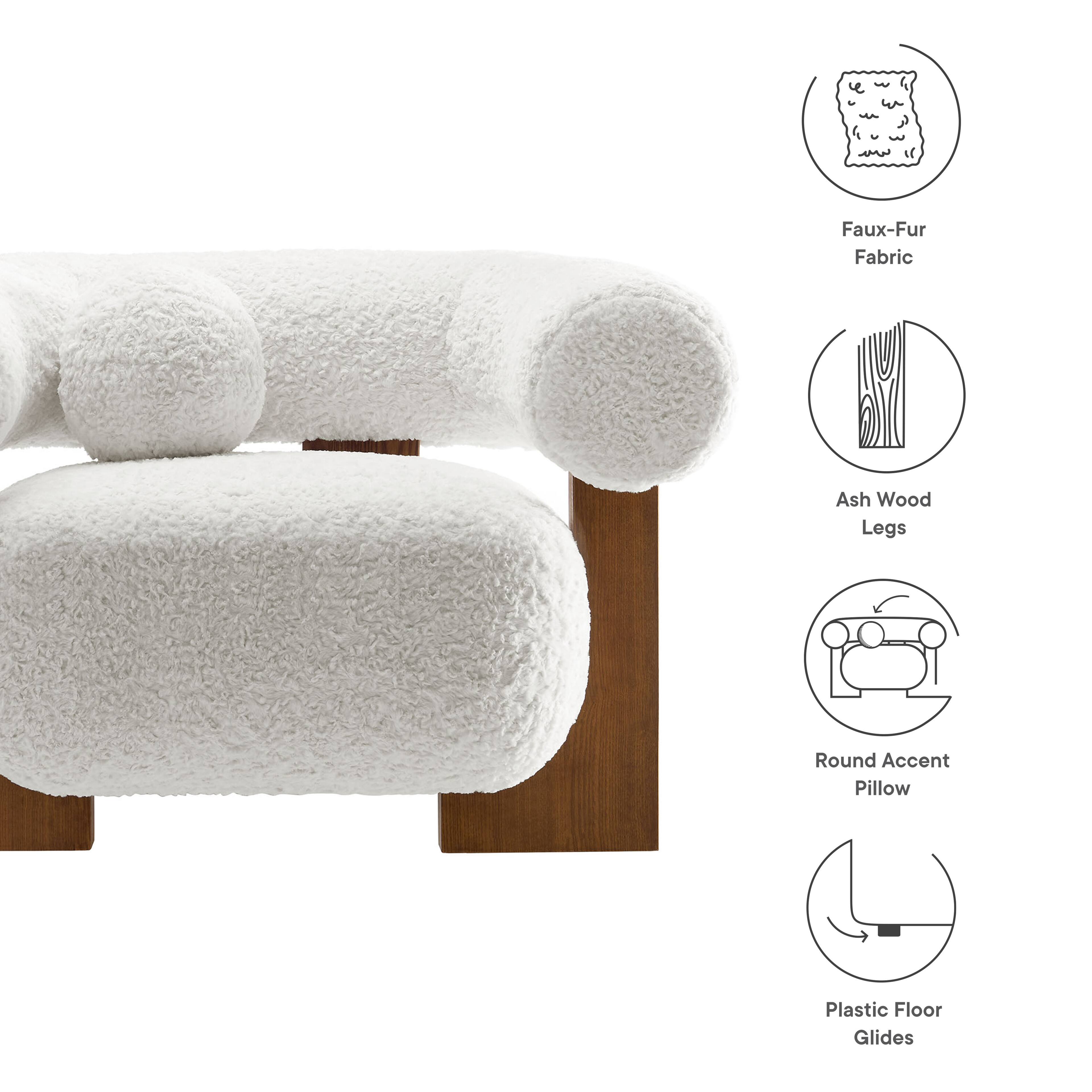 - Faux-Fur Fabric
- Ash Wood Legs
- Round Accent Pillow
- Plastic Floor Glides