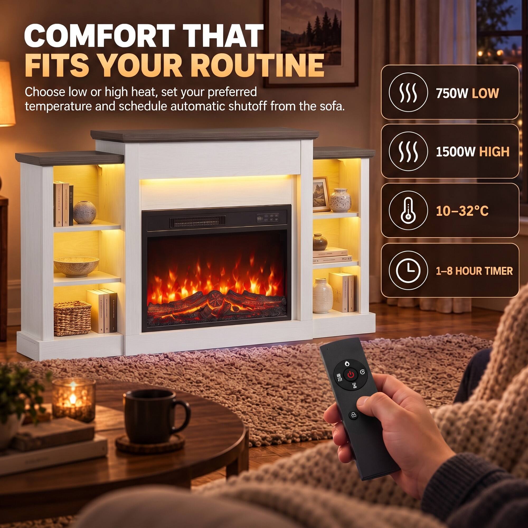 COMFORT THAT FITS YOUR ROUTINE  
Choose low or high heat, set your preferred temperature and schedule automatic shutoff from the sofa.  

750W LOW  
1500W HIGH  
10-32°C  
1-8 HOUR TIMER