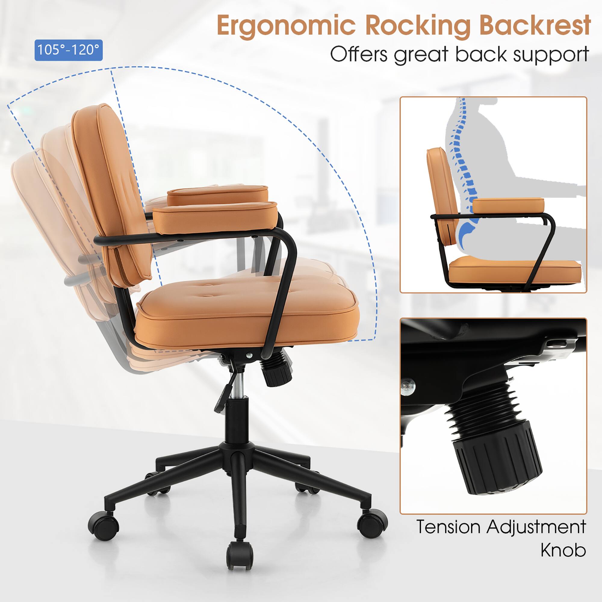 Ergonomic Rocking Backrest offers great back support and features a Tension Adjustment Knob.