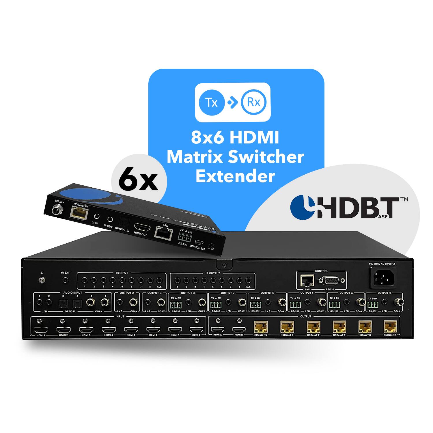Tx Rx - 8x6 HDMI Matrix Switcher 6x Extender TM HDB.T ASE - LAA - - TN a - - oT - . - -  . --2429 - M/SR2 ENT muhum - nUTPT CONTROL . AUGHO -Pu ORTIAL GOAR - 1 ITPU .  -m AUT A auTmum .  COAR 1 . BUTPUT .  20.200 4/ - . . SmT . ..  IN . i NTS -  - a -OA - - TPUT NTEUTS . - - dad  LN COAS 4-200 SA OUTPUT uTmU -  - - -  - -