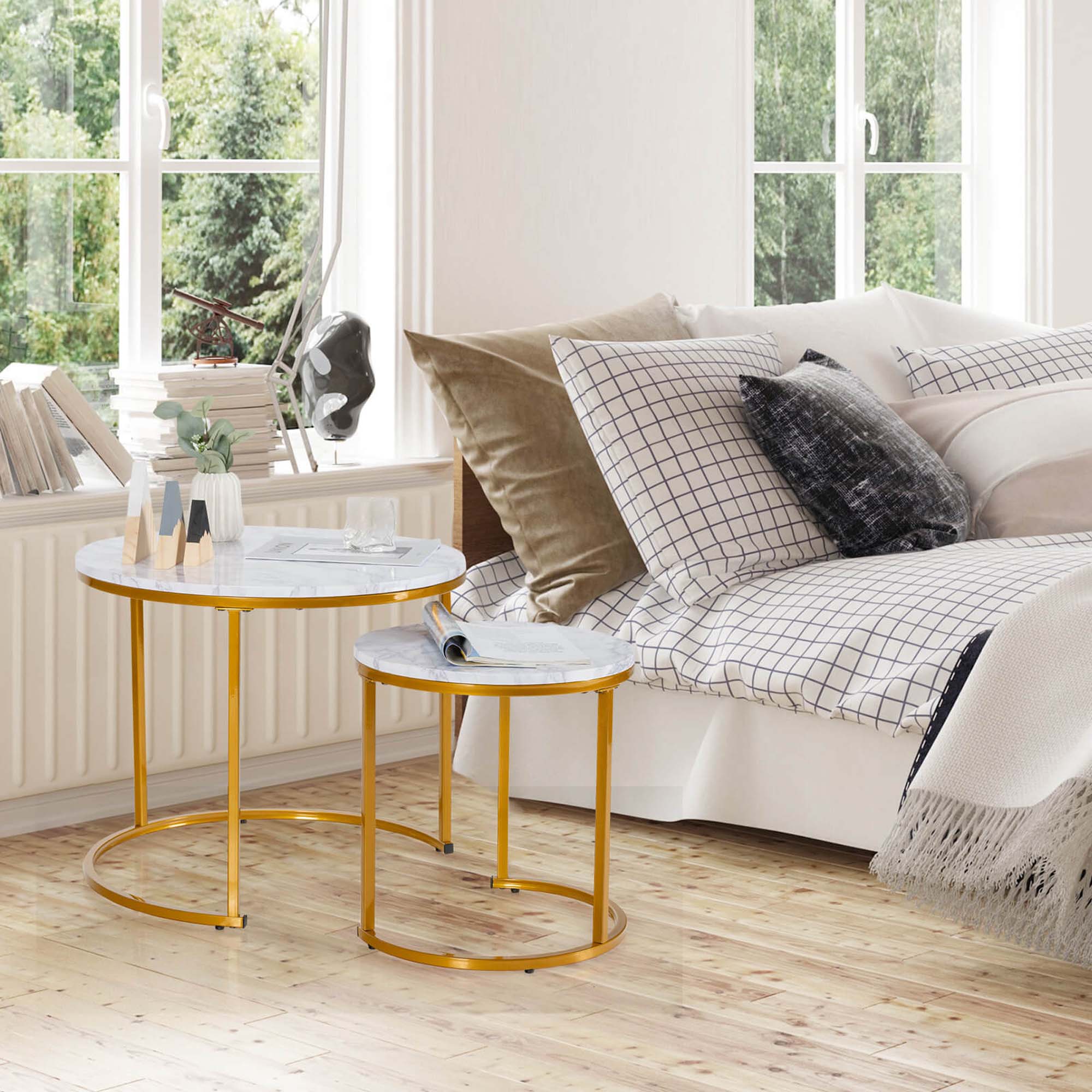 Alt View 11. Costway - Nesting Coffee Table Set of 2 for Balcony Living Room Modern Round Side Tables Gold - Gold.