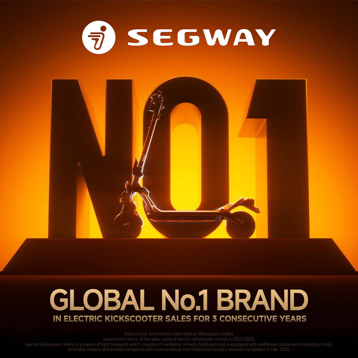 SEGWAY NO.1 GLOBAL No.1 BRAND IN ELECTRIC KICKSCOOTER SALES FOR 3 CONSECUTIVE YEARS

Data source: Euromonitor International (Shanghai) Limited; measured in terms of the sales value of electric kickscooter brands in 2023-2025; electric kickscooter refers to a means of light transport which consists of handlebar, wheels, footboard and is equipped with additional components including motor, controller, battery and throttle compared with a conventional non-motorized scooter; research completed in Feb. 2026.
