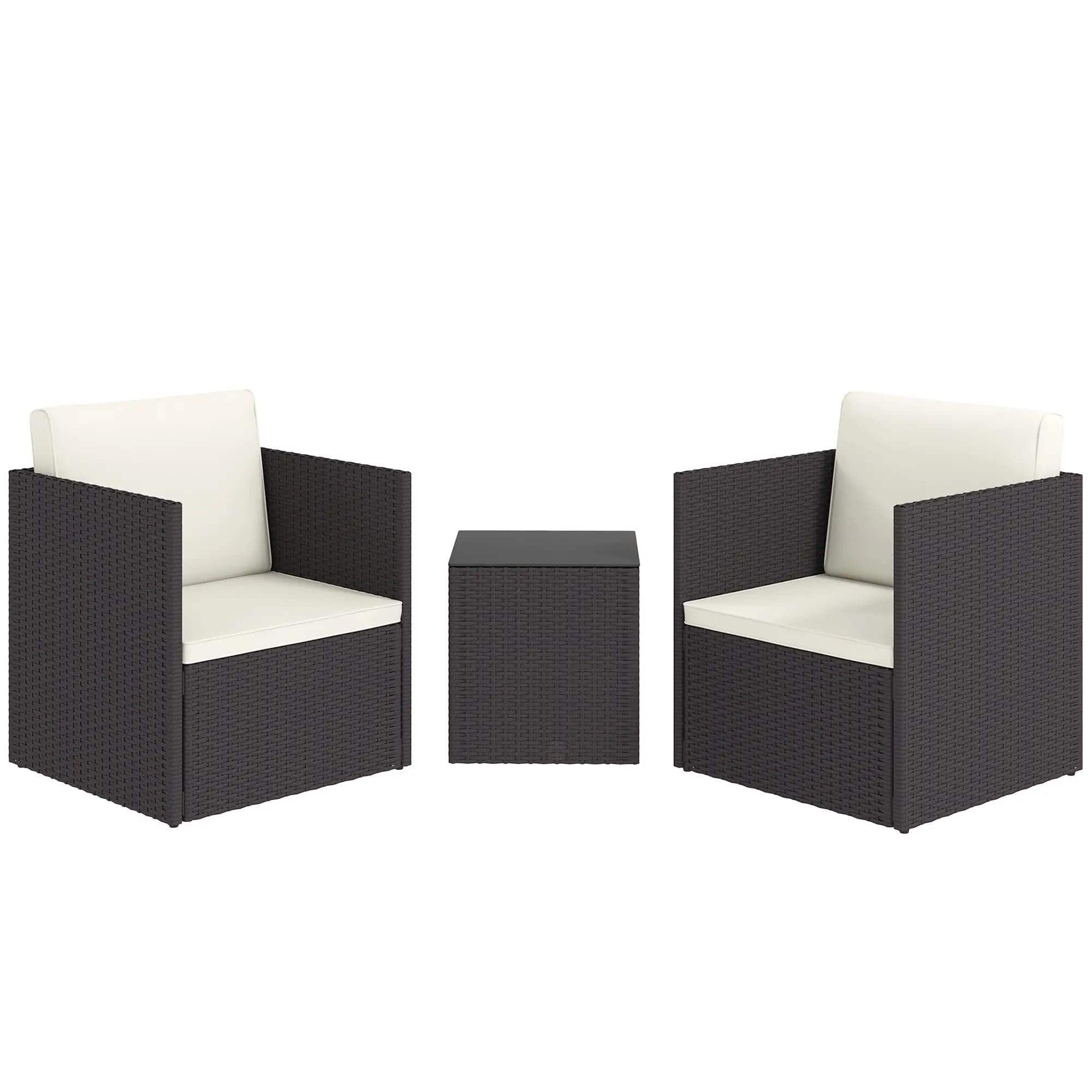 Resenkos - Folding Wicker Bistro Set, Cushions and Glass Coffee Table for Porch, Balcony - Brown