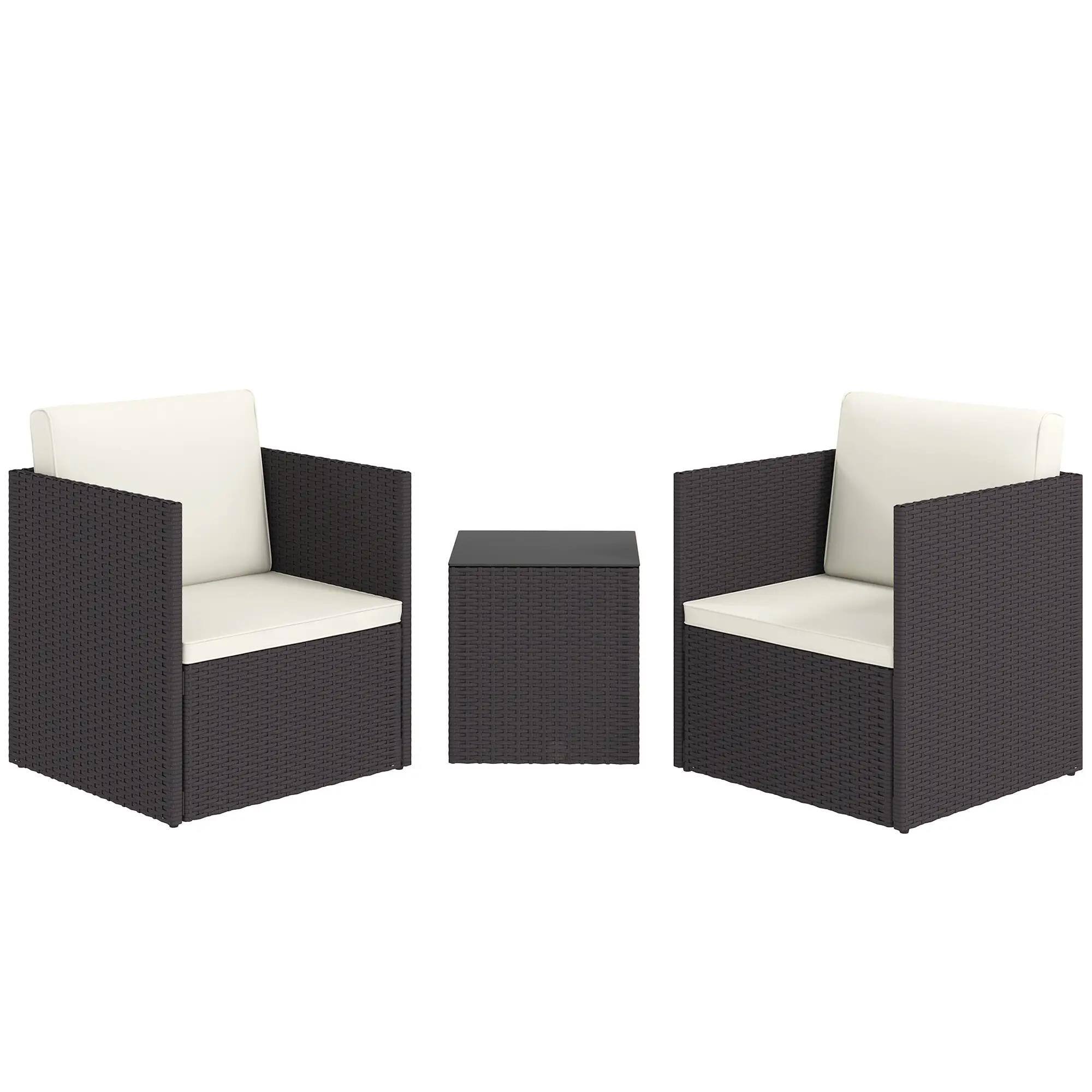 Front. Resenkos - Resenkos Folding Wicker Bistro Set, Cushions and Glass Coffee Table for Porch, Balcony, Brown - Brown.