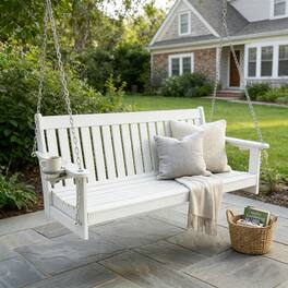 Fortune Candy - HDPE 5 ft Porch Swing Bench with Cupholders, High Backrest and Deep Contoured Seat for Outdoor Patio Garden (3-Seater) - White