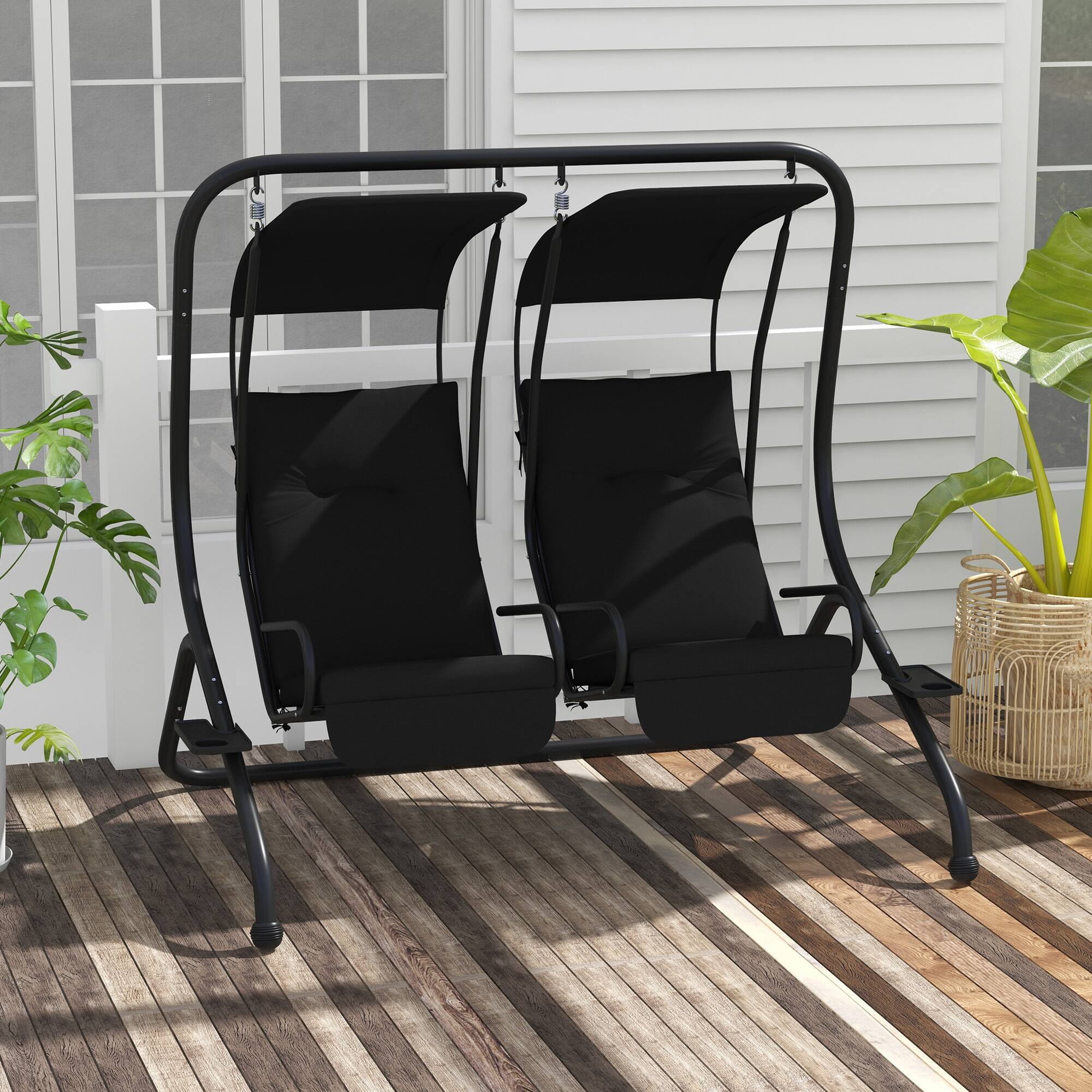 Angle. Outsunny - Outsunny Patio Swing Chair with 2 Separate Seats Outdoor Swing with Removable Canopy and Cup Holders for Porch.