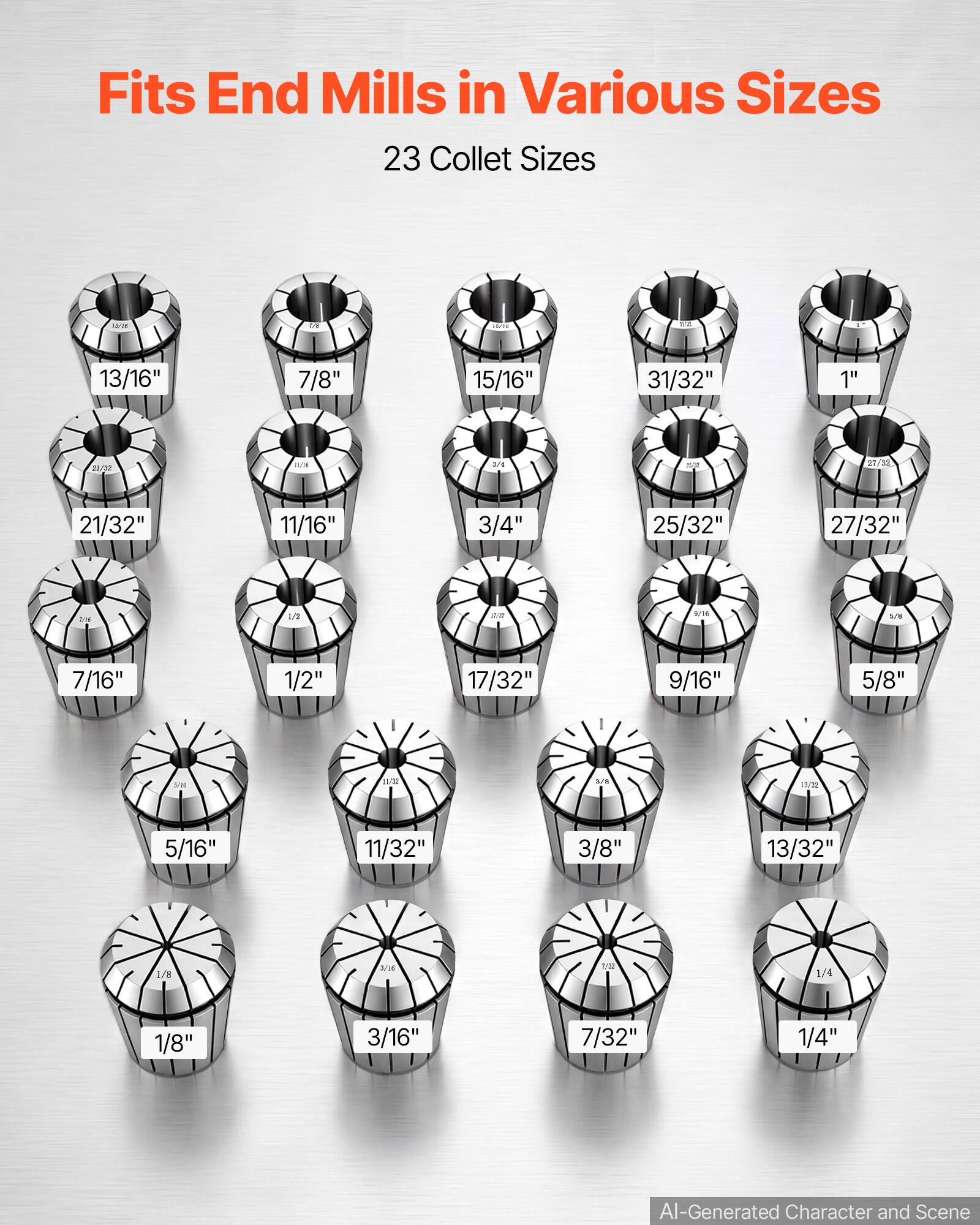 Fits End Mills in Various Sizes  
23 Collet Sizes  

12/34  
3/8  
15/18  
EN  
13/16"  
7/8"  
15/16"  
31/32"  
1"  
21/32  
11/04  
2/4  
27/32  
21/32"  
11/16"  
3/4"  
25/32"  
27/32"  
We  
1/2  
itter  
9/16  
R/S  
7/16"  
1/2"  
17/32"  
9/16"  
5/8"  
1/21  
11/02  
2/8  
11/22  
5/16"  
11/32"  
3/8"  
13/32"  
1/8  
3/15  
1/20  
1/4  
1/8"  
3/16"  
7/32"  
1/4"