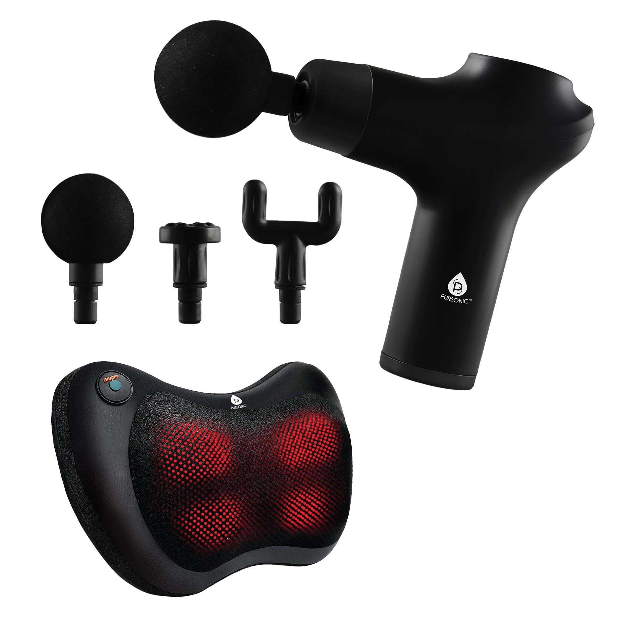 Pursonic - Ultimate Massage Therapy Bundle: 3-Speed Gun & Shiatsu Massager - Black