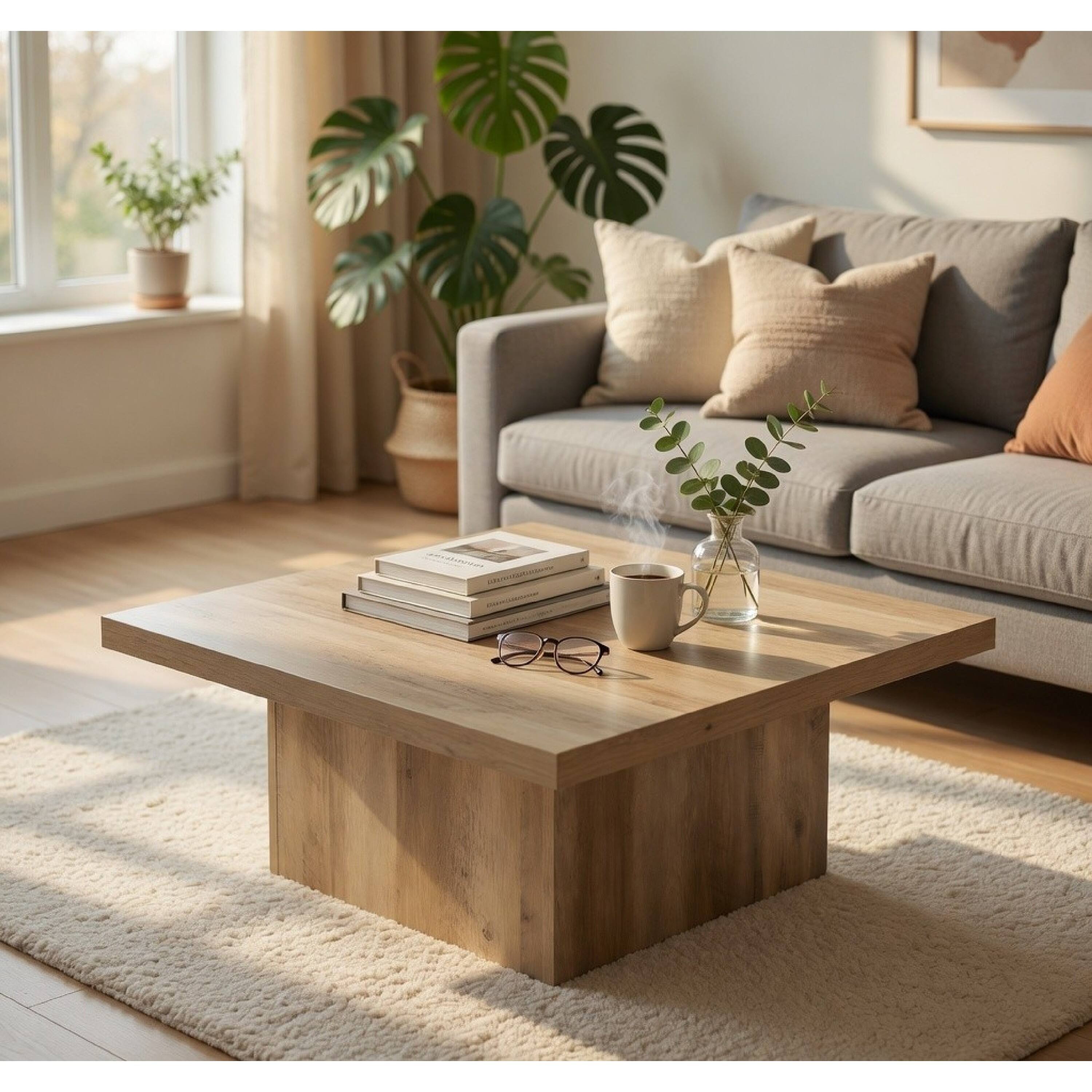 Alt View 7. Manhattan Lane - Darla Square Coffee Table, Block Style Base, Wood 36 Inch - Distressed Pine Brown.