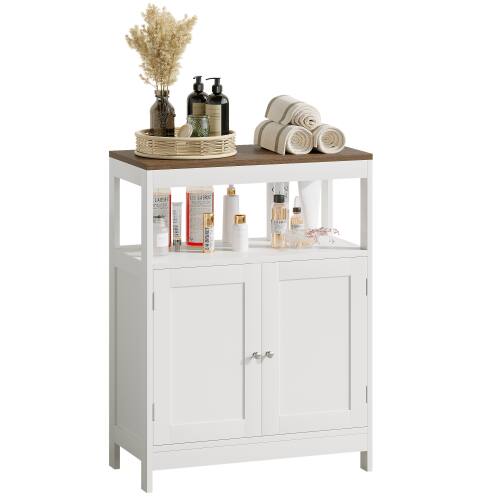 Alt View 2. LUCKY ONE - Freestanding Modern Storage Cabinet with Double Doors Adjustable Shelf Natural Wood Top for Bathroom - White.