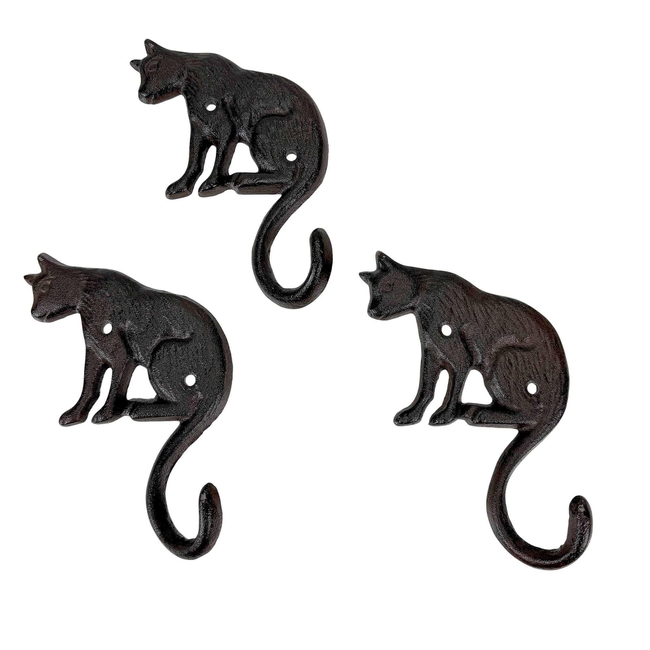 Front. Things2Die4 - Set of 3 Cast Iron Cat Wall Hooks Aged Brown Rustic 6.5 in Decorative - Brown.