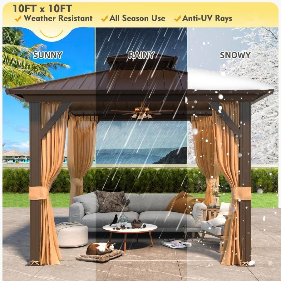 10FT x 10FT  
Weather Resistant  
All Season Use  
Anti-UV Rays  

SUNNY  
RAINY  
SNOWY
