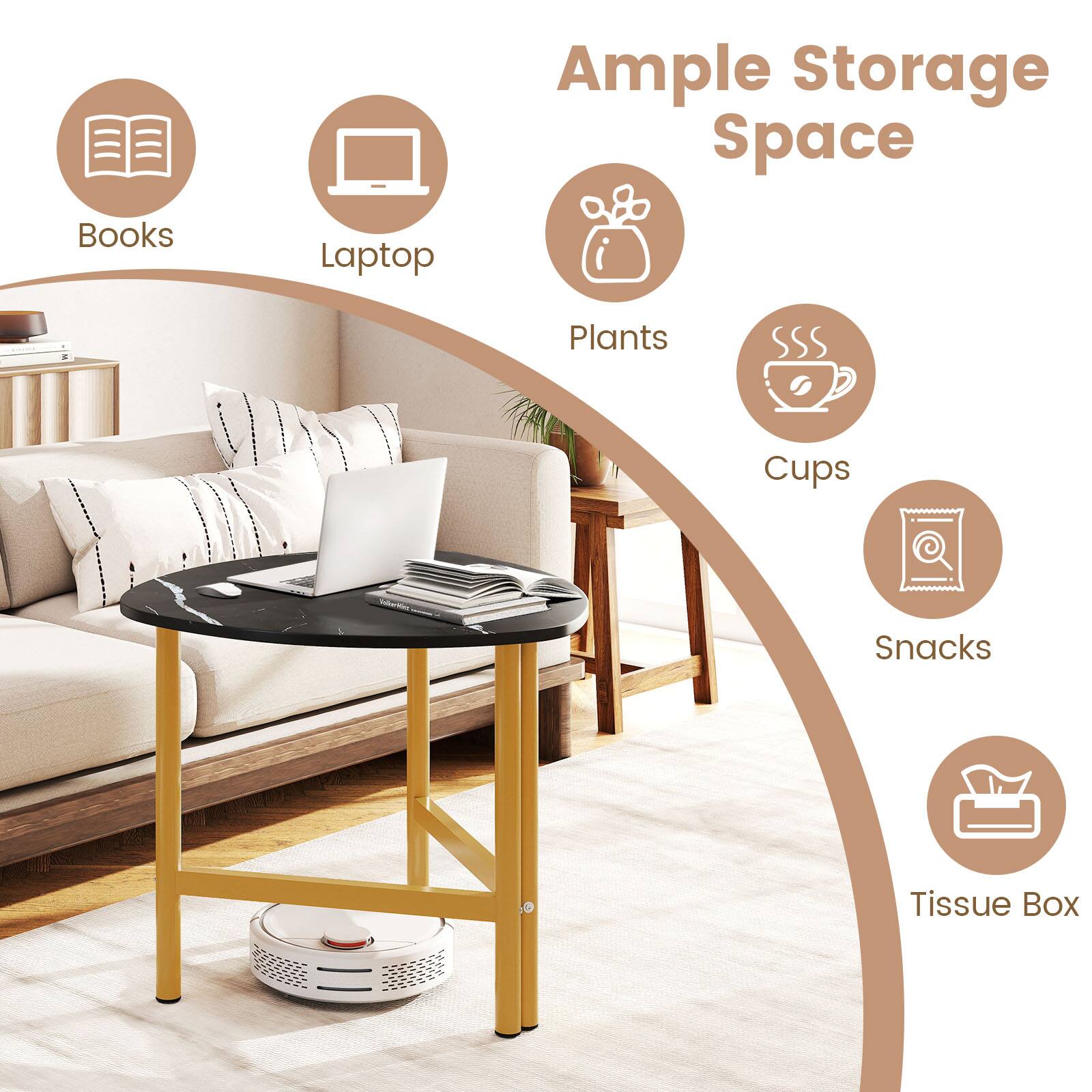 Books, Laptop, Ample Storage Space, Plants, Cups, Snacks, Tissue Box